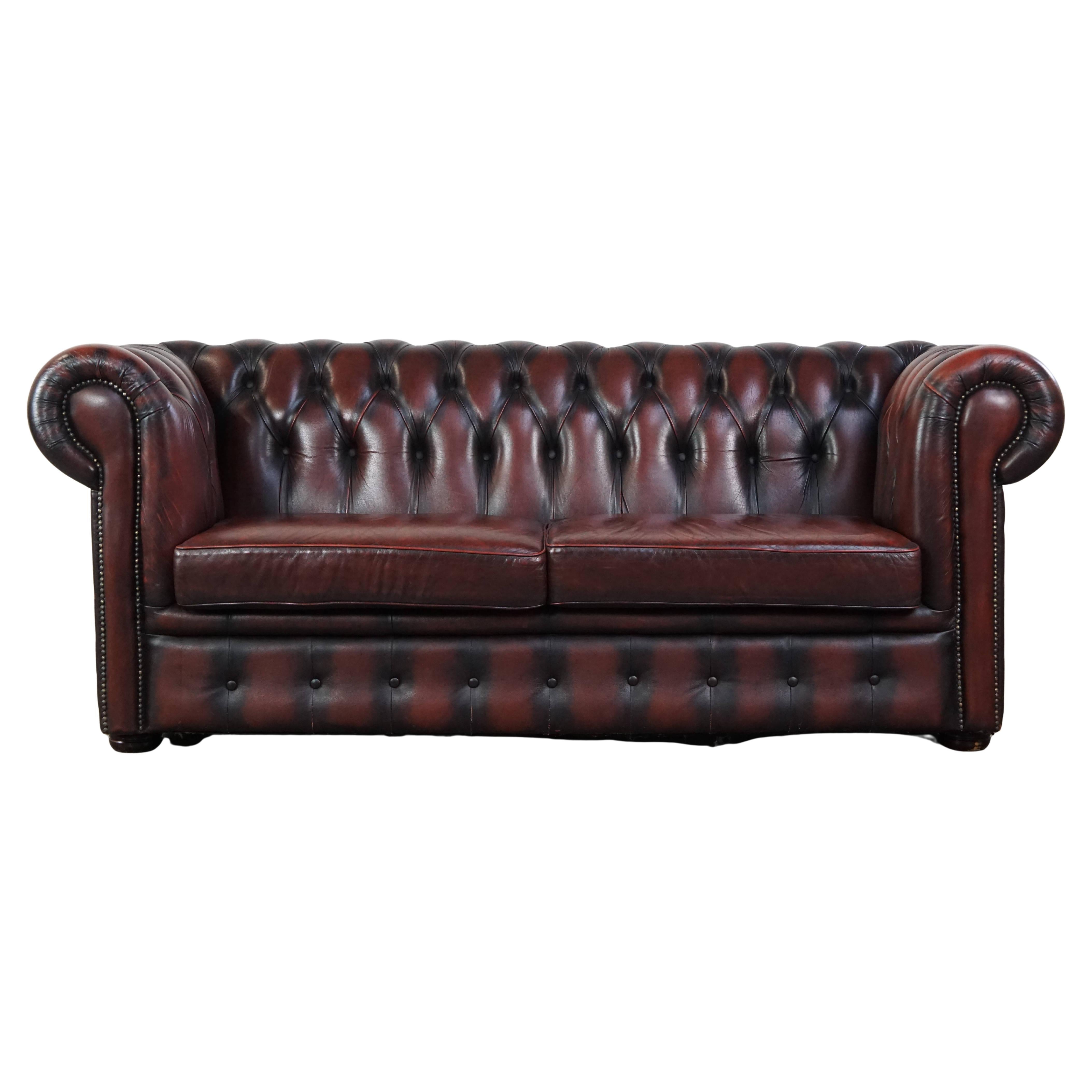 Dark red marbled and comfortable cowhide leather 2.5-seater chesterfield sofa
