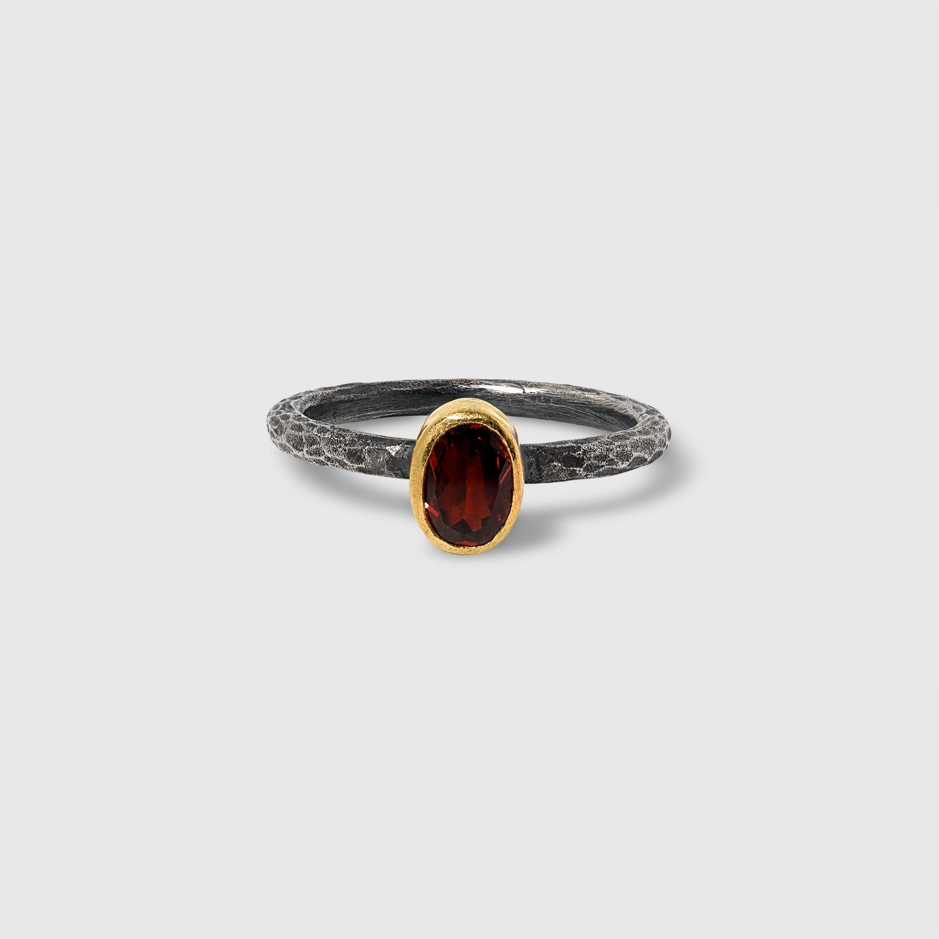 Dark Red, Oval, Garnet Solitaire Ring, 24kt Gold and Silver In New Condition For Sale In Bozeman, MT