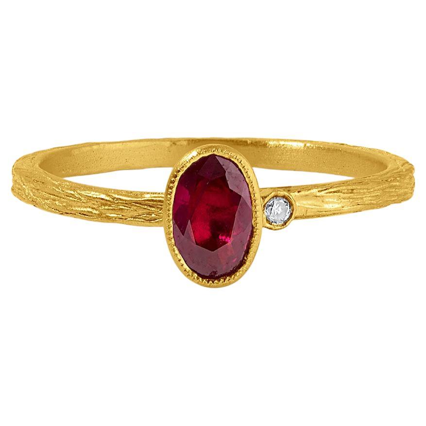 Dark Red, Oval Single Ruby with Diamond, 24kt Solid Gold Ring For Sale
