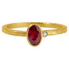 Dark Red, Oval Single Ruby with Diamond, 24kt Solid Gold Ring