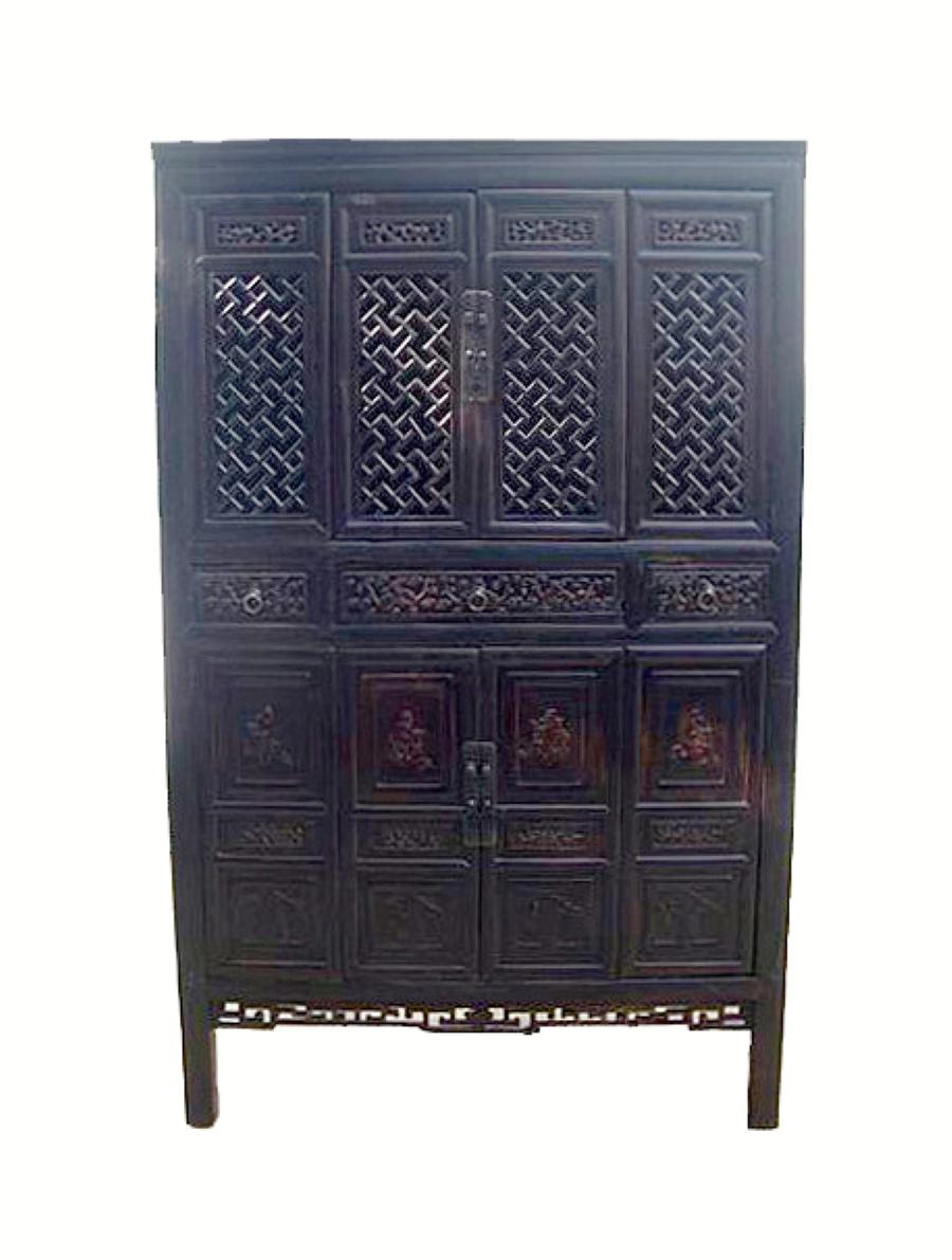 Chinese Dark Reddish Brown Lattice and Carved Cabinet For Sale