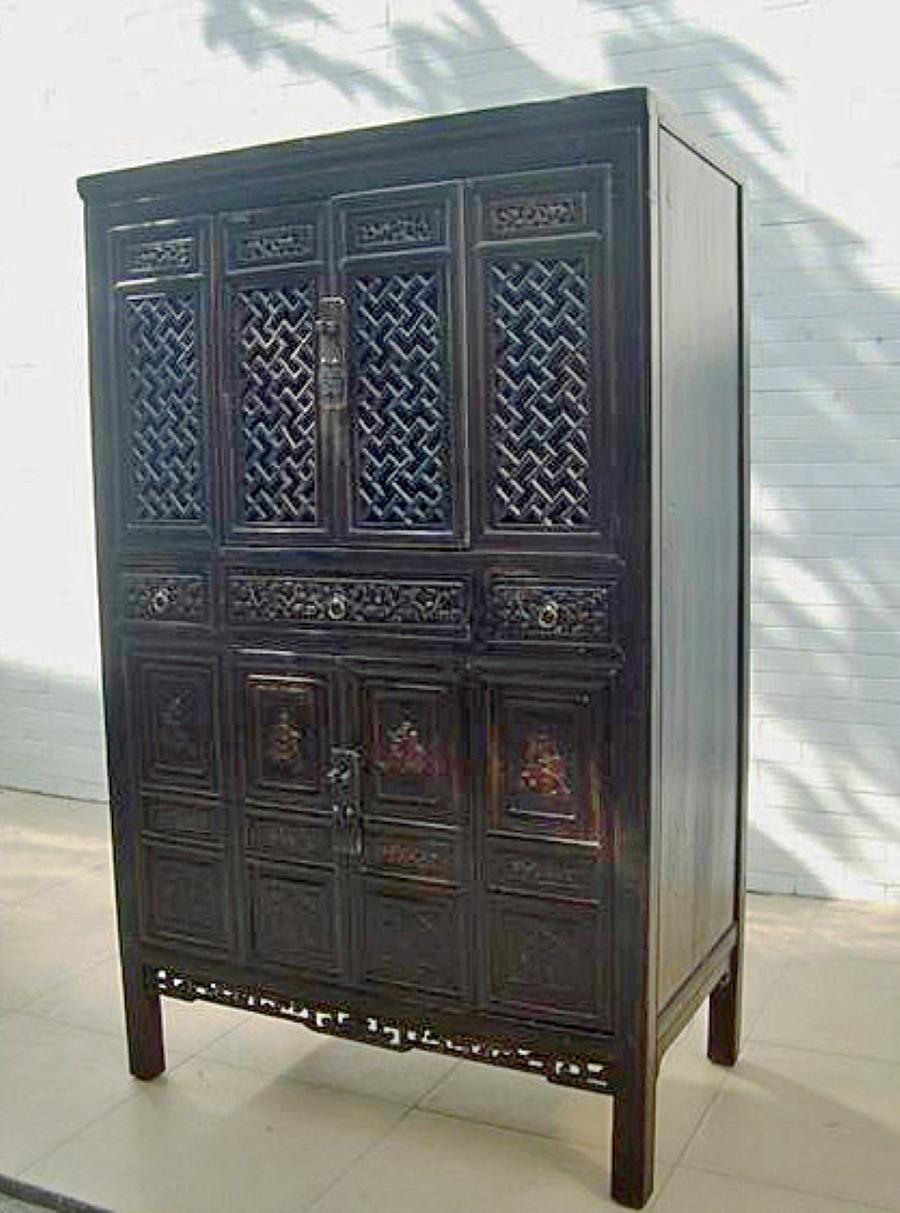 Hand-Carved Dark Reddish Brown Lattice and Carved Cabinet For Sale