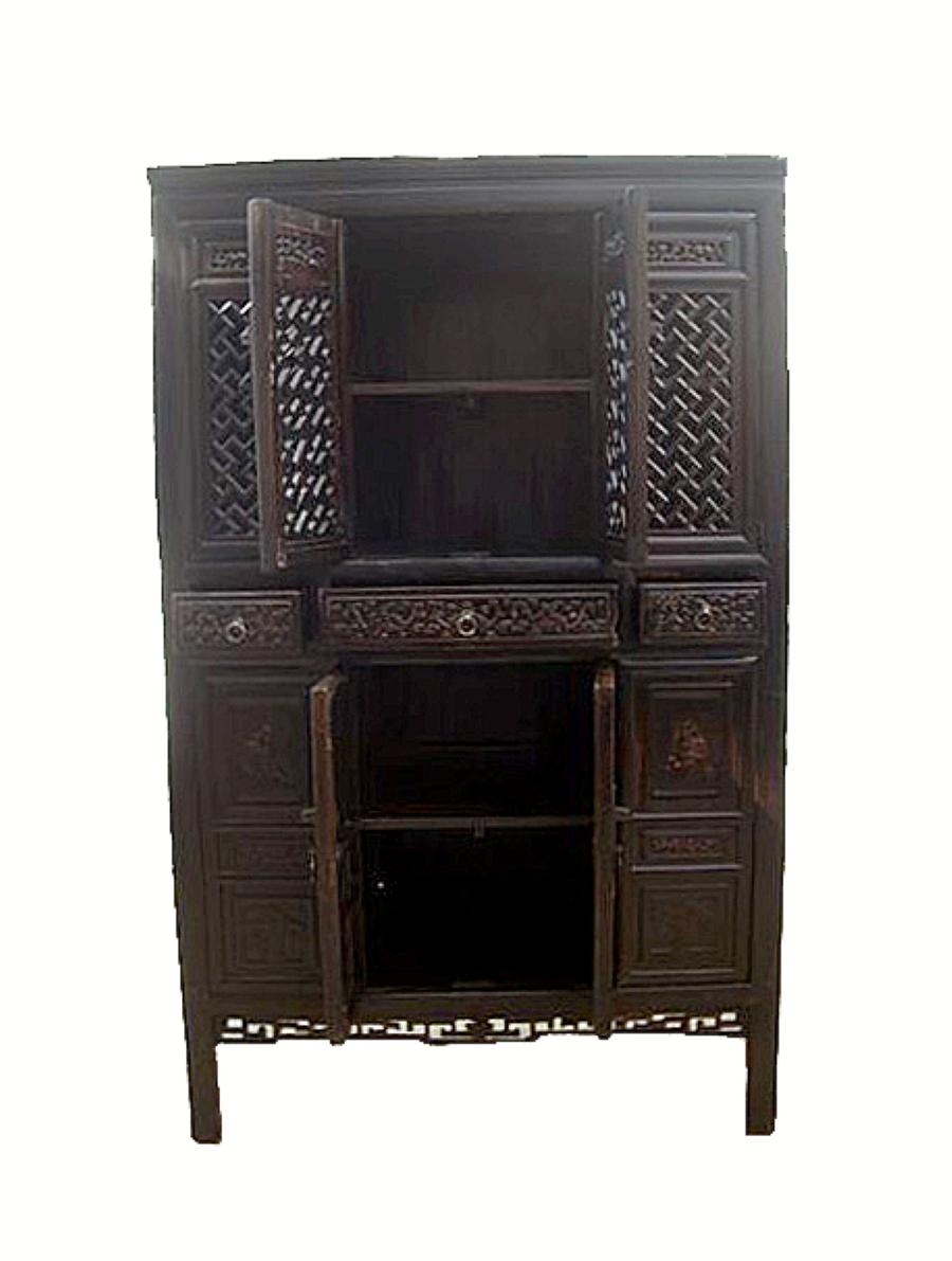 20th Century Dark Reddish Brown Lattice and Carved Cabinet For Sale