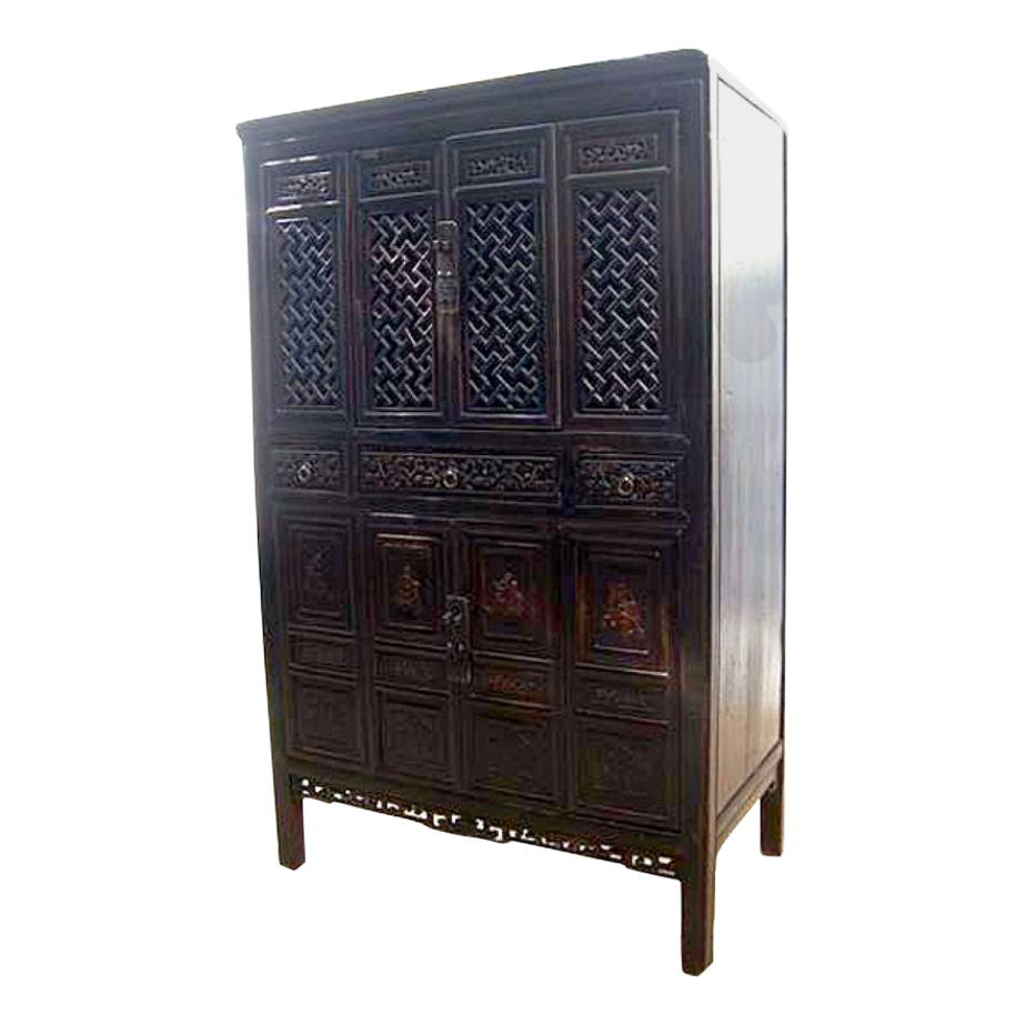 Dark Reddish Brown Lattice and Carved Cabinet For Sale