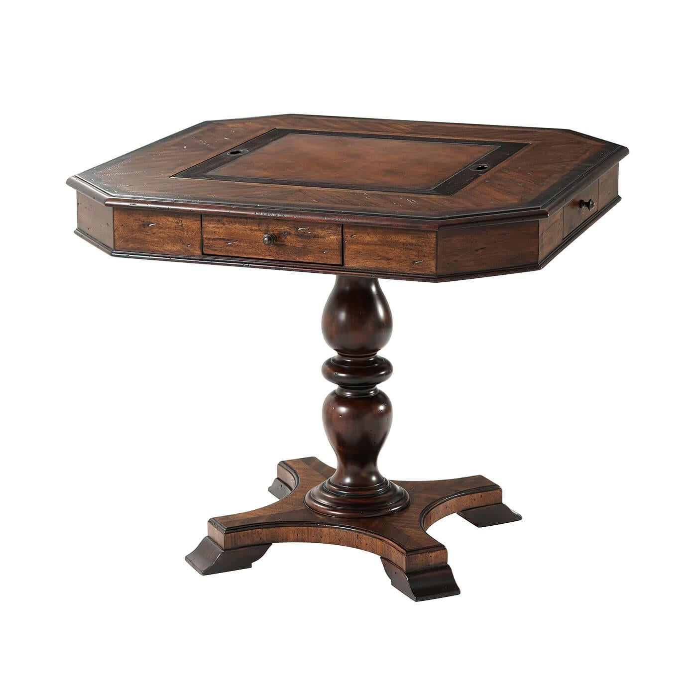 Dark stained rustic game table with a canted corner top, made of mahogany, acacia and oak parquetry, a reversible leather and chess inlaid center, an inlaid Backgammon board in well on a turned column pedestal base. Includes a wooden chess set and