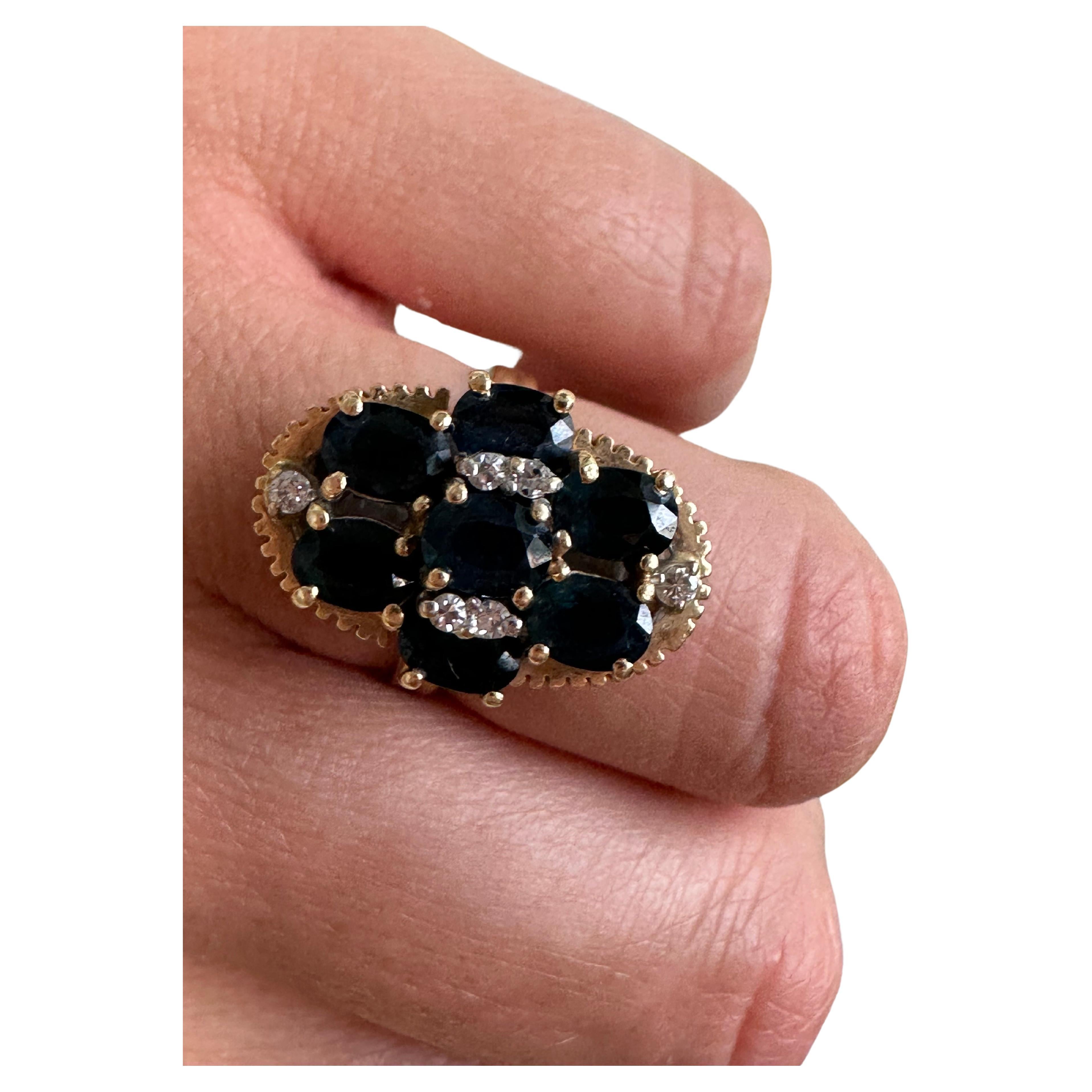 Antique sapphire and diamond ring in 14KT yellow gold. Dark blue sapphires totalling 6.50 carats.

METAL: 14KT yellow
NATURAL DIAMOND(S)
Clarity/Color: SI/H
Carat:0.12ct
Cut:Round
Grams:7.81
size: 6
Item20000099 apf

WHAT YOU GET AT STAMPAR
