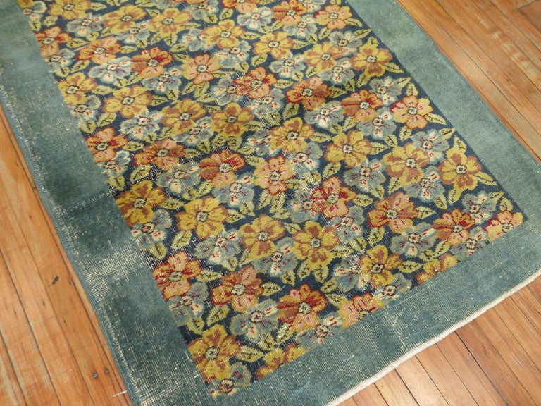 Dark Sea Foam Blue Green Turkish Floral Rug For Sale at 1stDibs