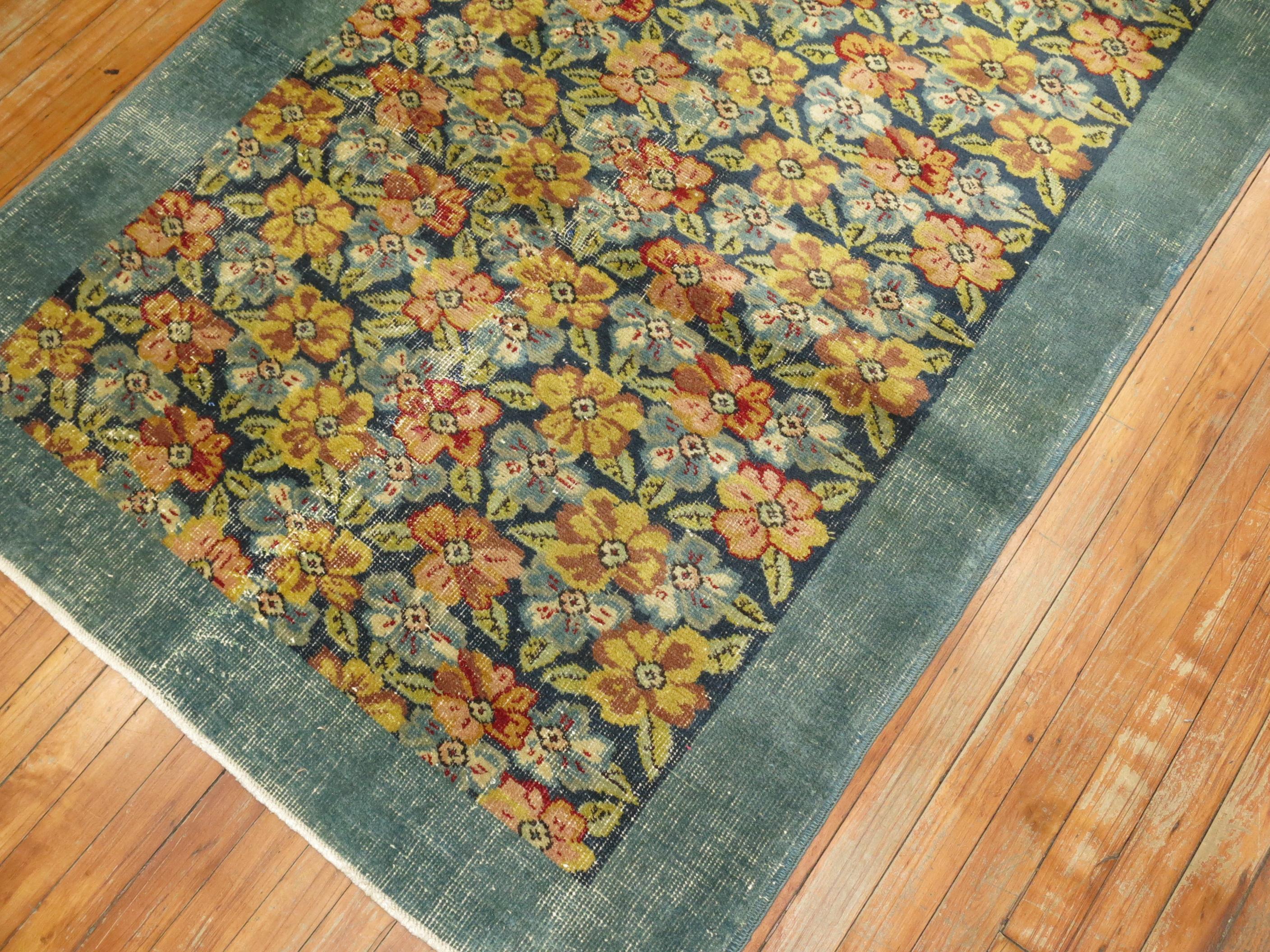 Hand-Knotted Dark Sea Foam Blue Green Turkish Floral Rug For Sale