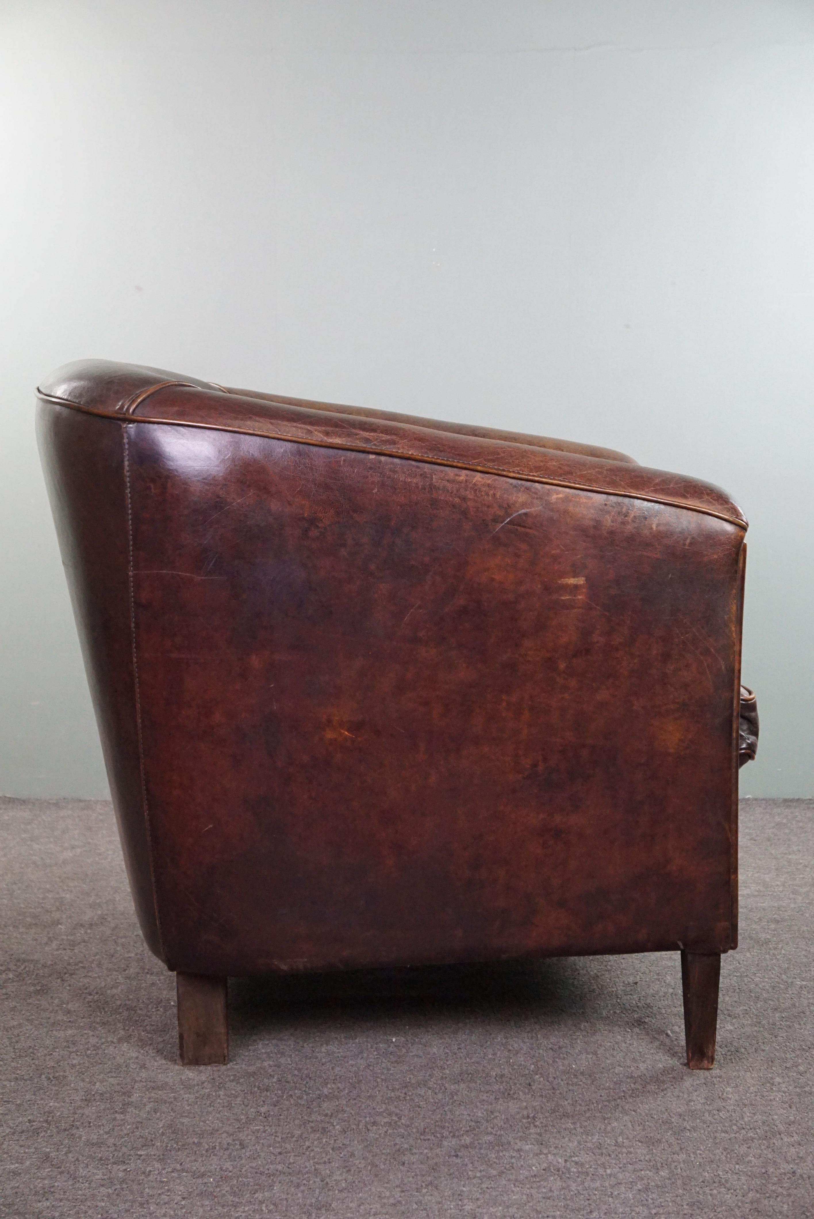 Dark sheep leather club armchair, sleek design In Good Condition For Sale In Harderwijk, NL
