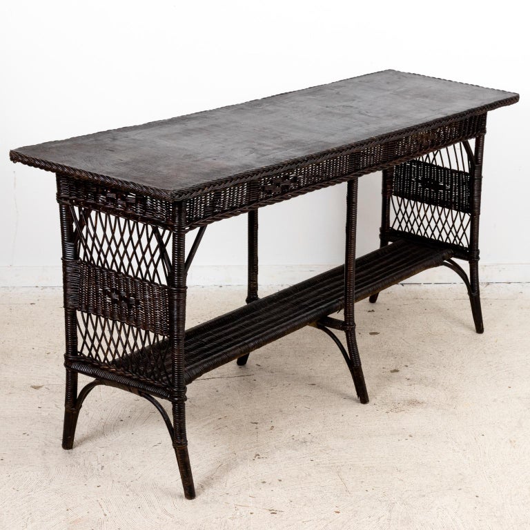 Dark Stained Antique Wicker Sofa Table For Sale at 1stDibs