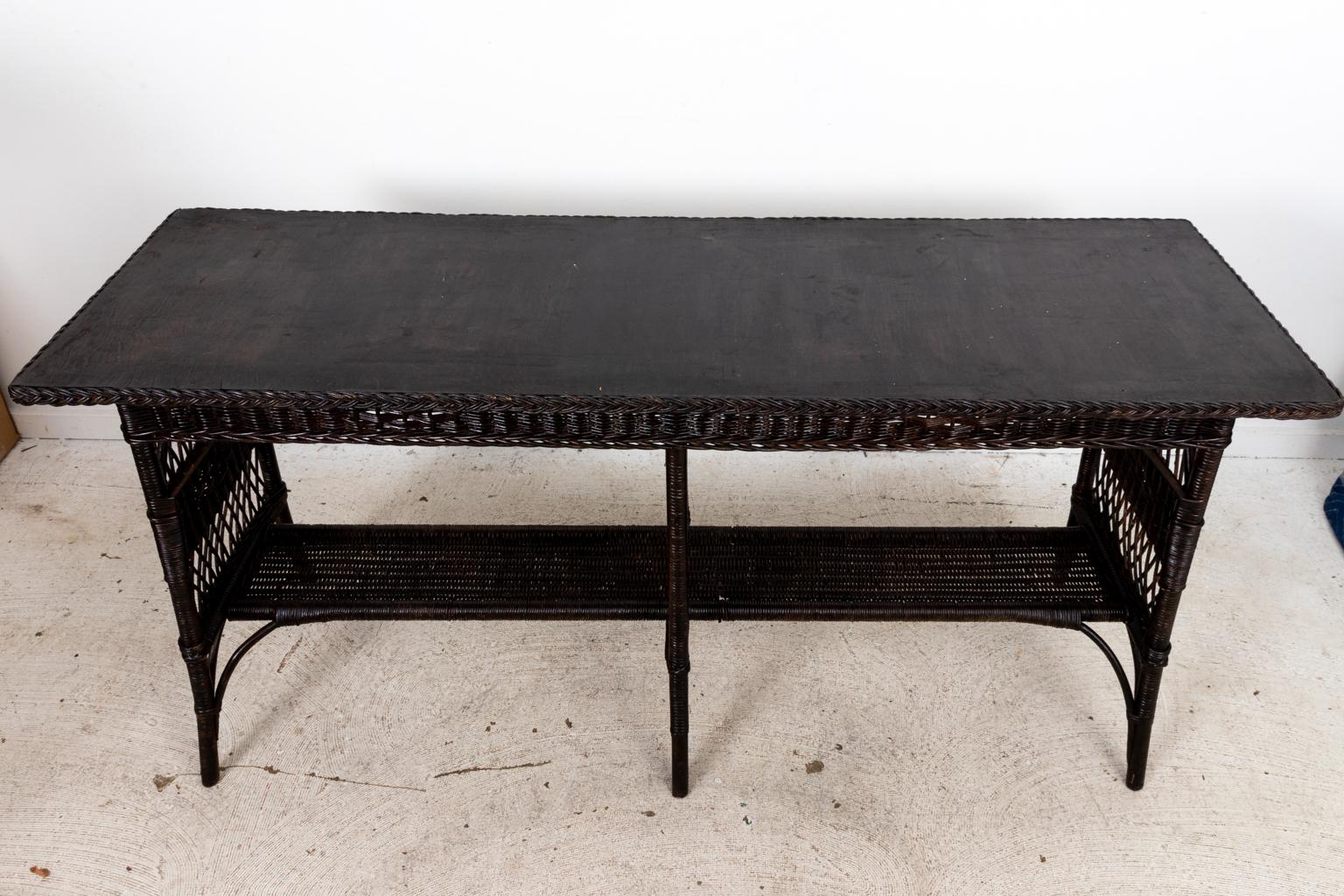 Dark Stained Antique Wicker Sofa Table For Sale at 1stDibs
