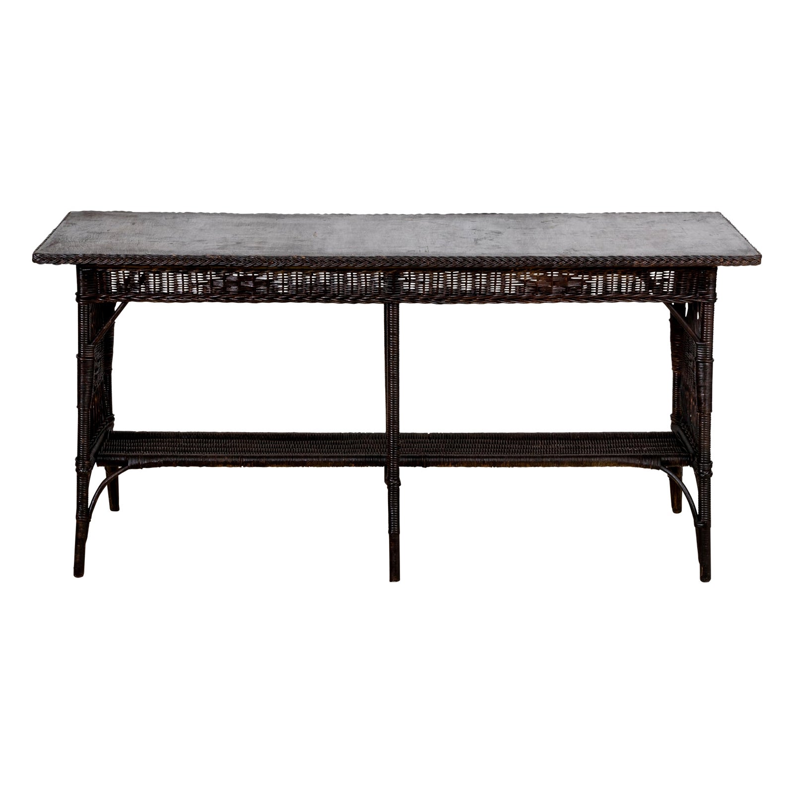 Dark Stained Antique Wicker Sofa Table For Sale