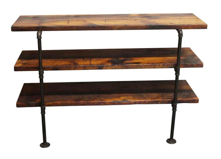 Dark Stained Pine Shelf Unit with Pipe Legs For Sale at 1stDibs