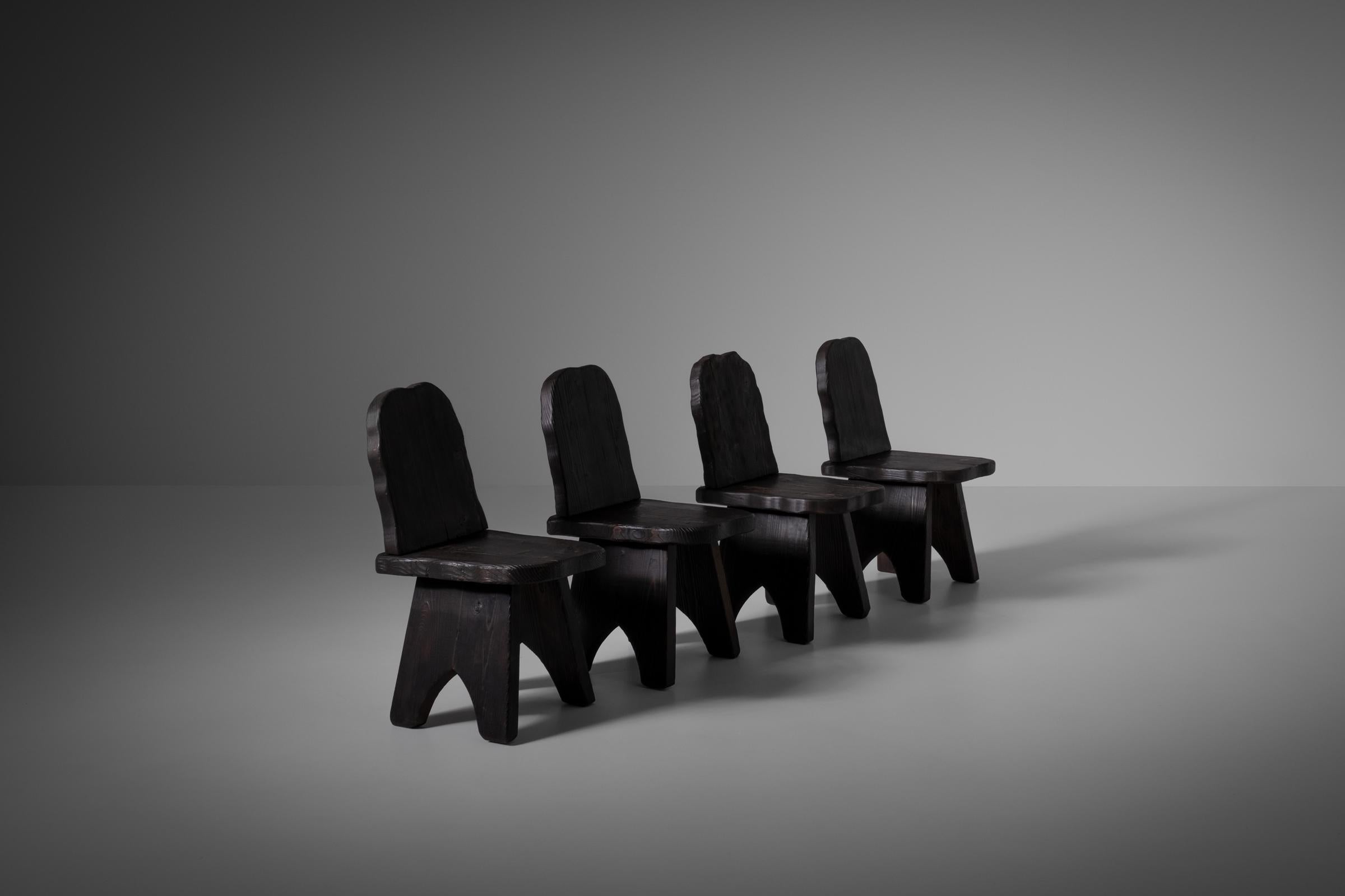 Mid-Century Modern Dark Stained Pine Wooden Low Chairs, Four Available
