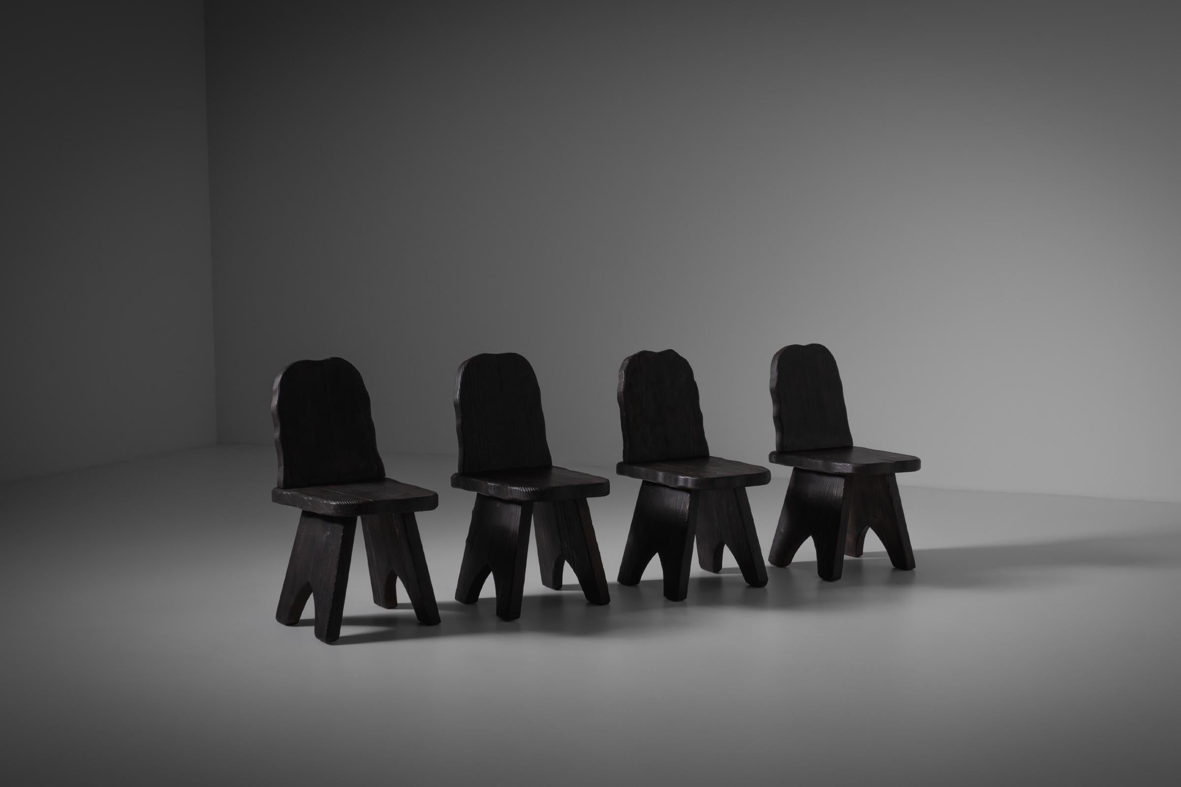 Hand-Crafted Dark Stained Pine Wooden Low Chairs, Four Available