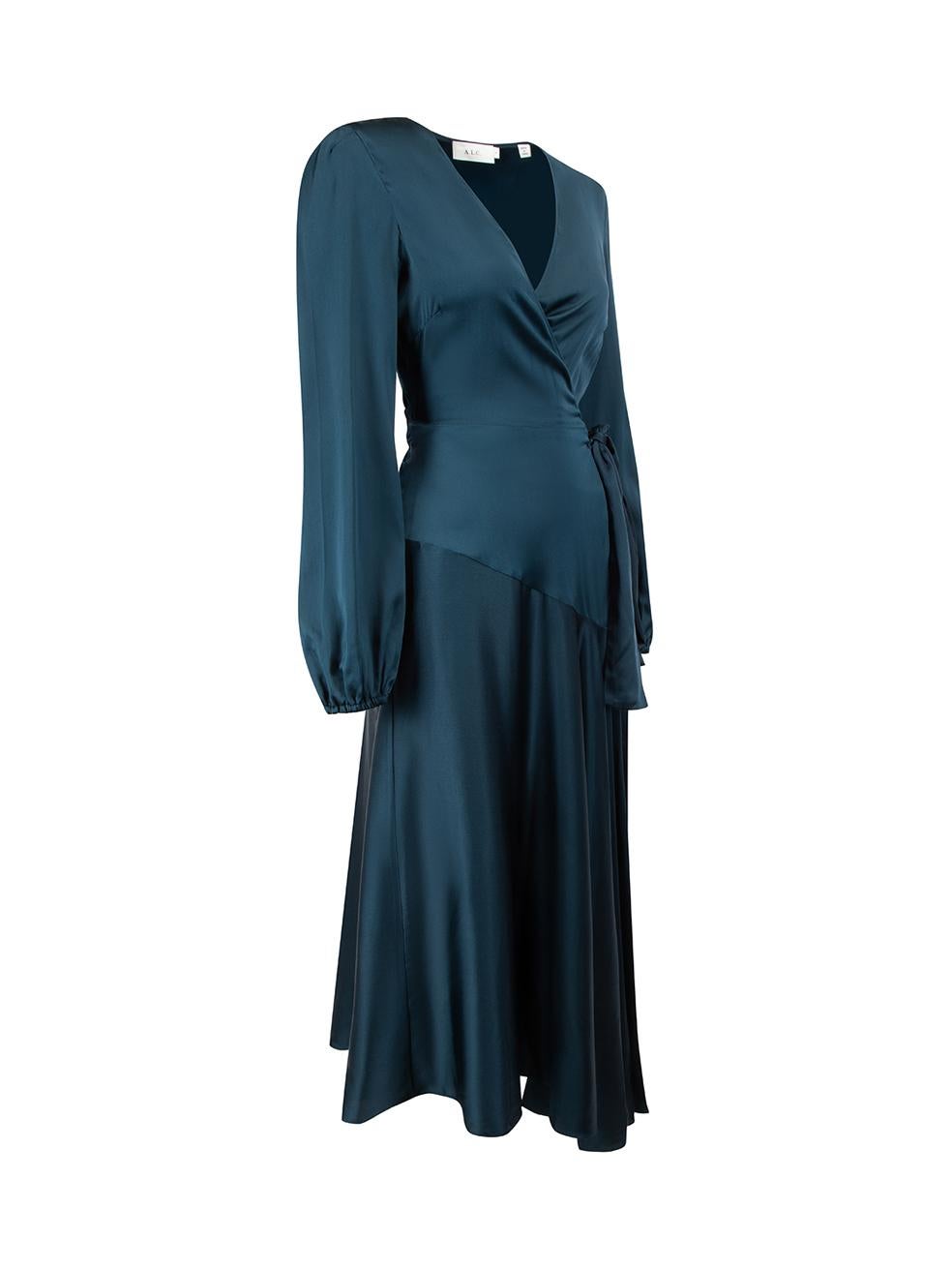 CONDITION is Very good. Hardly any visible wear to dress is evident on this used A.L.C designer resale item.




Details


Dark teal

Silk

Midi wrap dress

V neckline

Tie strap closure on waist

Elasticated on cuffs





Made in