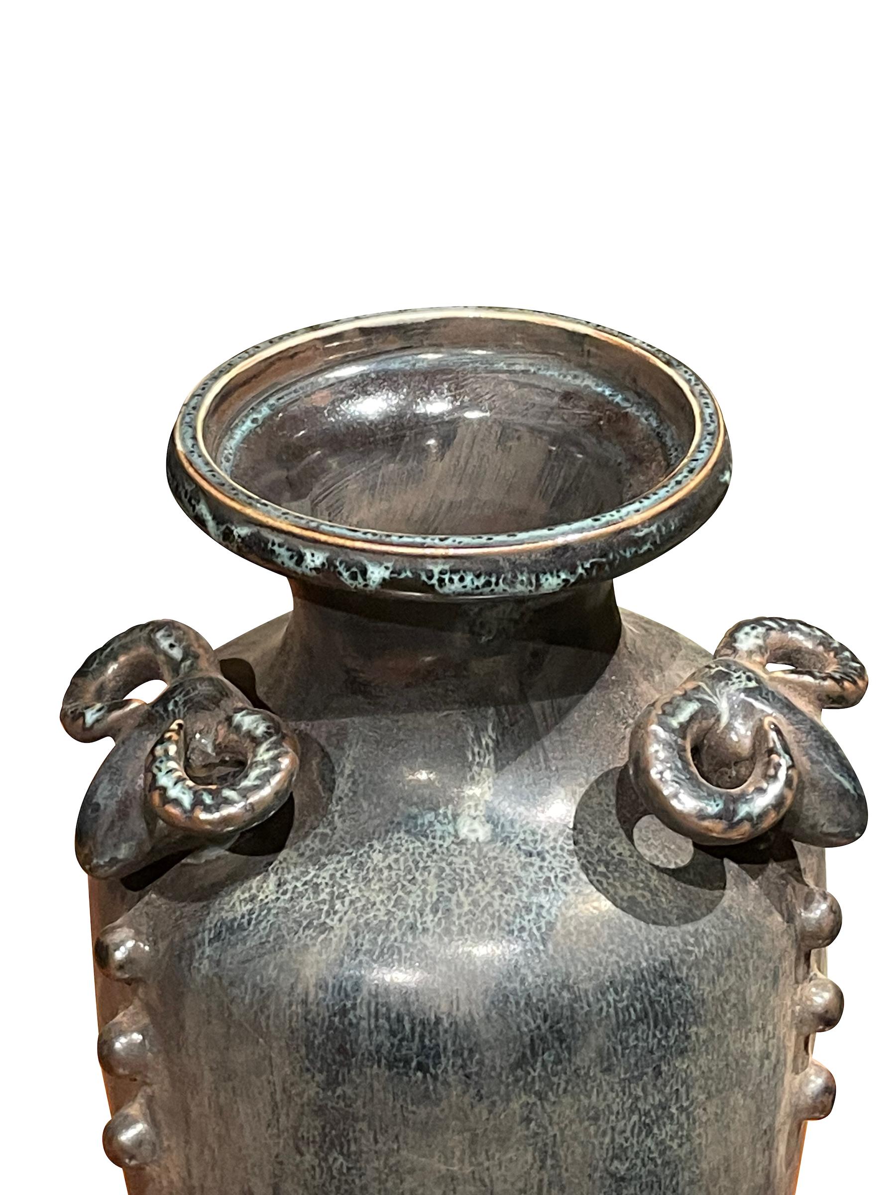 Dark Turquoise and Bronze Glaze Rams Head Vase, China, Contemporary In New Condition For Sale In New York, NY