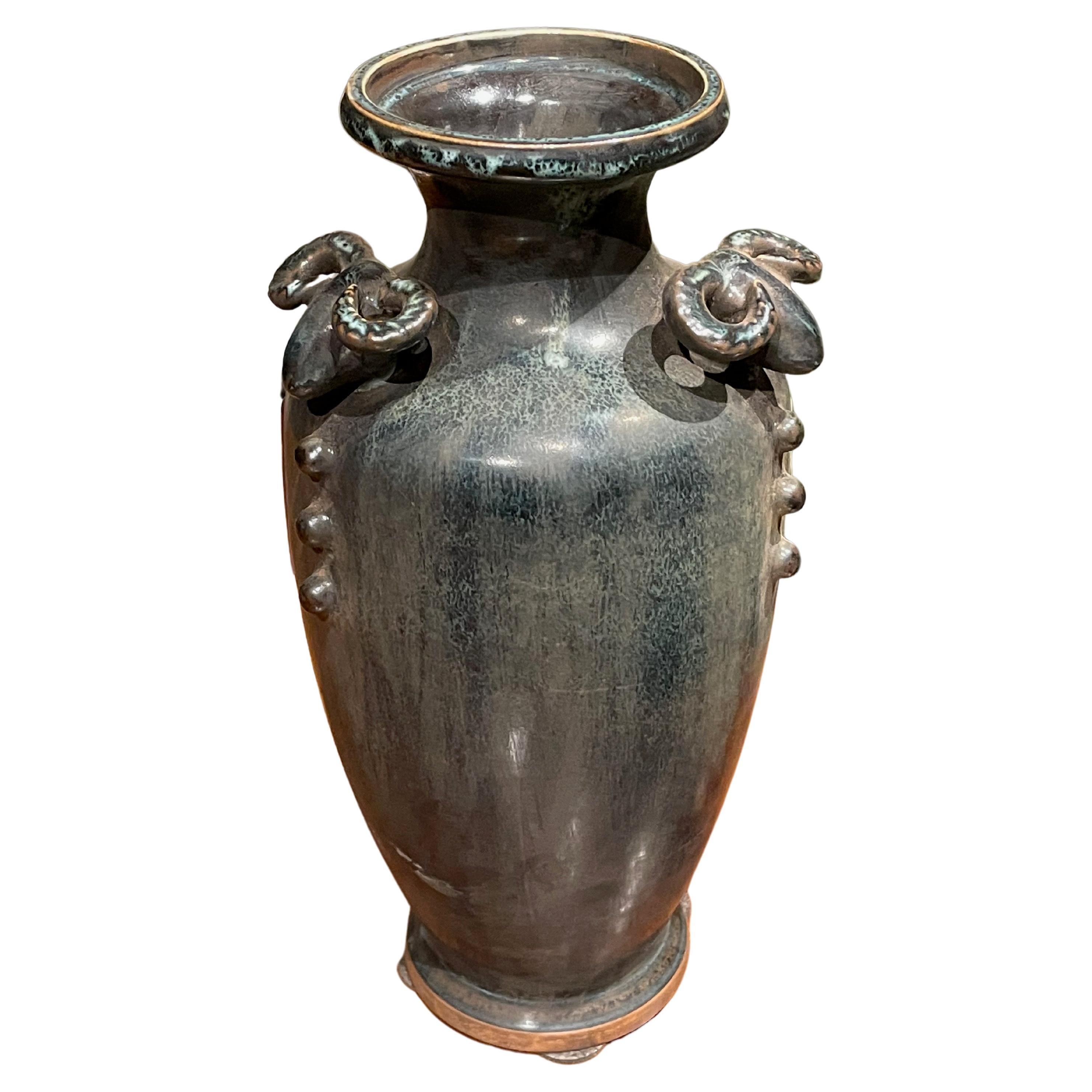 Dark Turquoise and Bronze Glaze Rams Head Vase, China, Contemporary For Sale