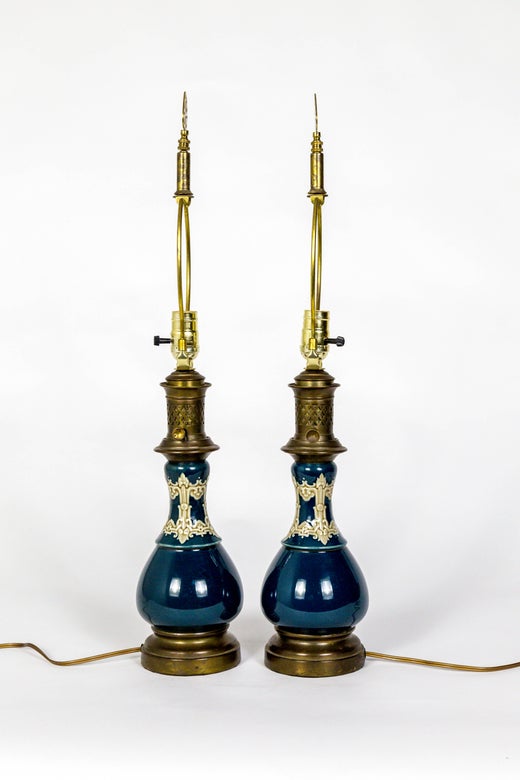Dark Turquoise Ceramic 19th Century Converted Kerosine Lamps Pair 19th Century Converted Kerosine Lamps