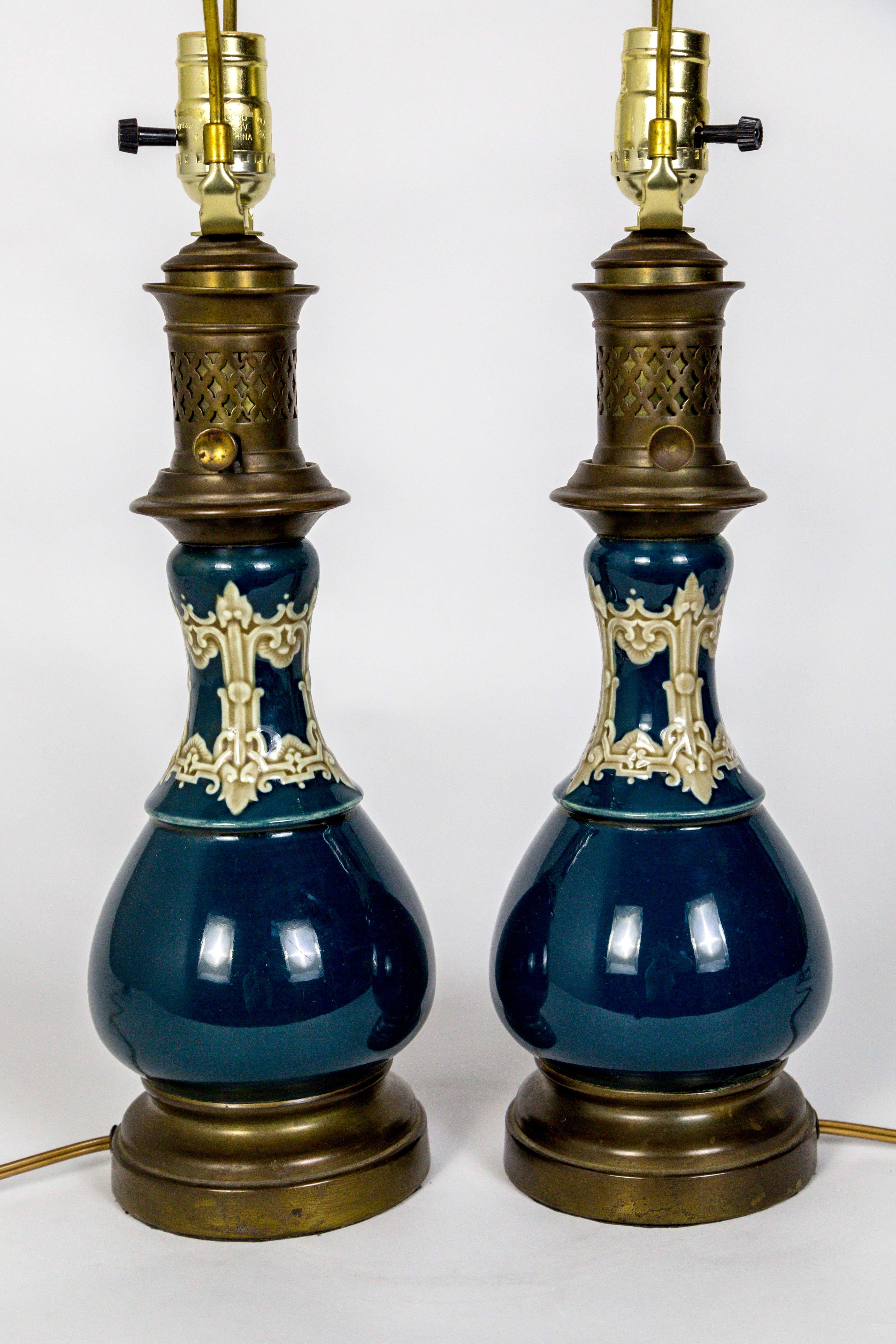 Danish Dark Turquoise Ceramic 19th Century Converted Kerosine Lamps, Pair For Sale