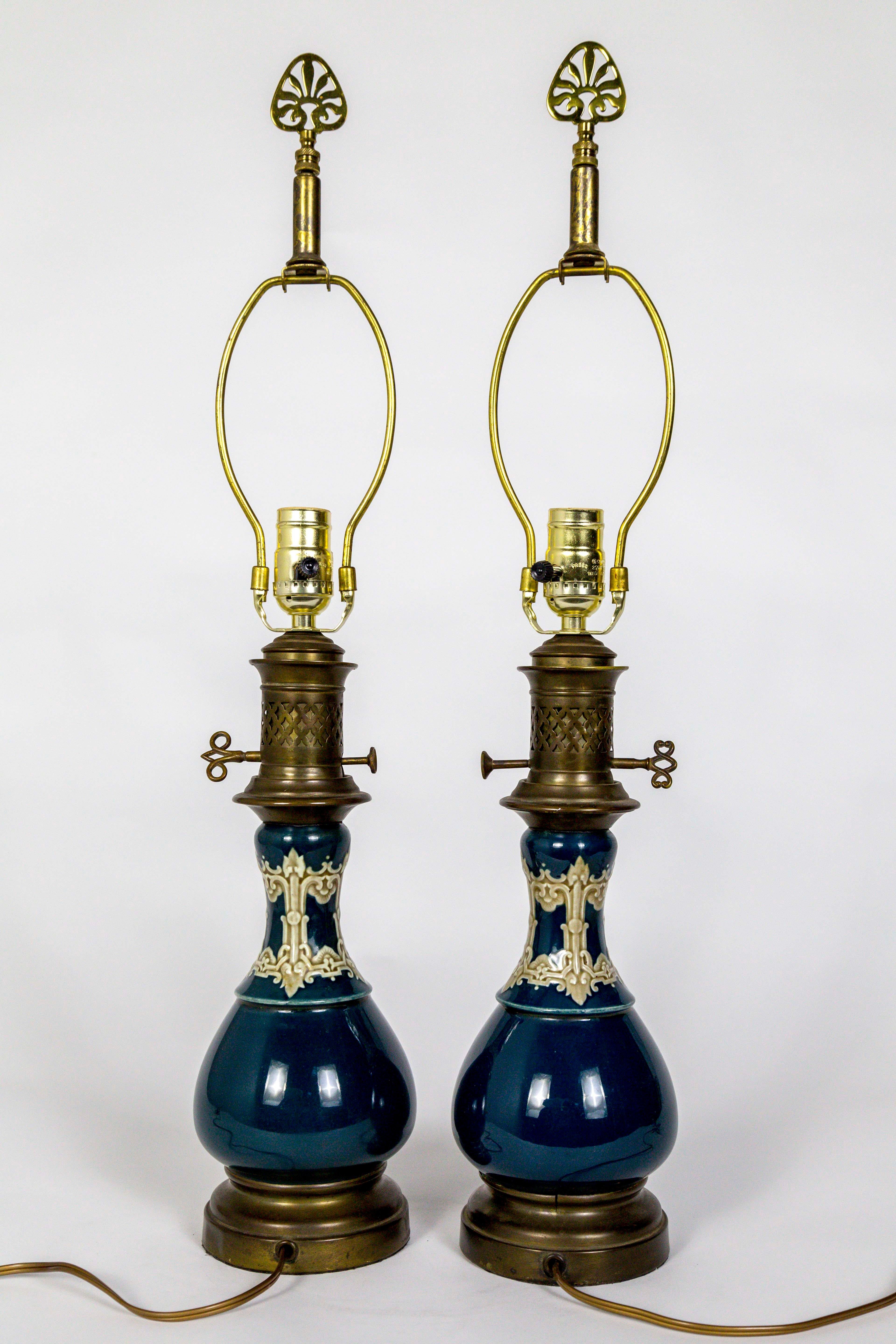 Dark Turquoise Ceramic 19th Century Converted Kerosine Lamps, Pair In Good Condition For Sale In San Francisco, CA