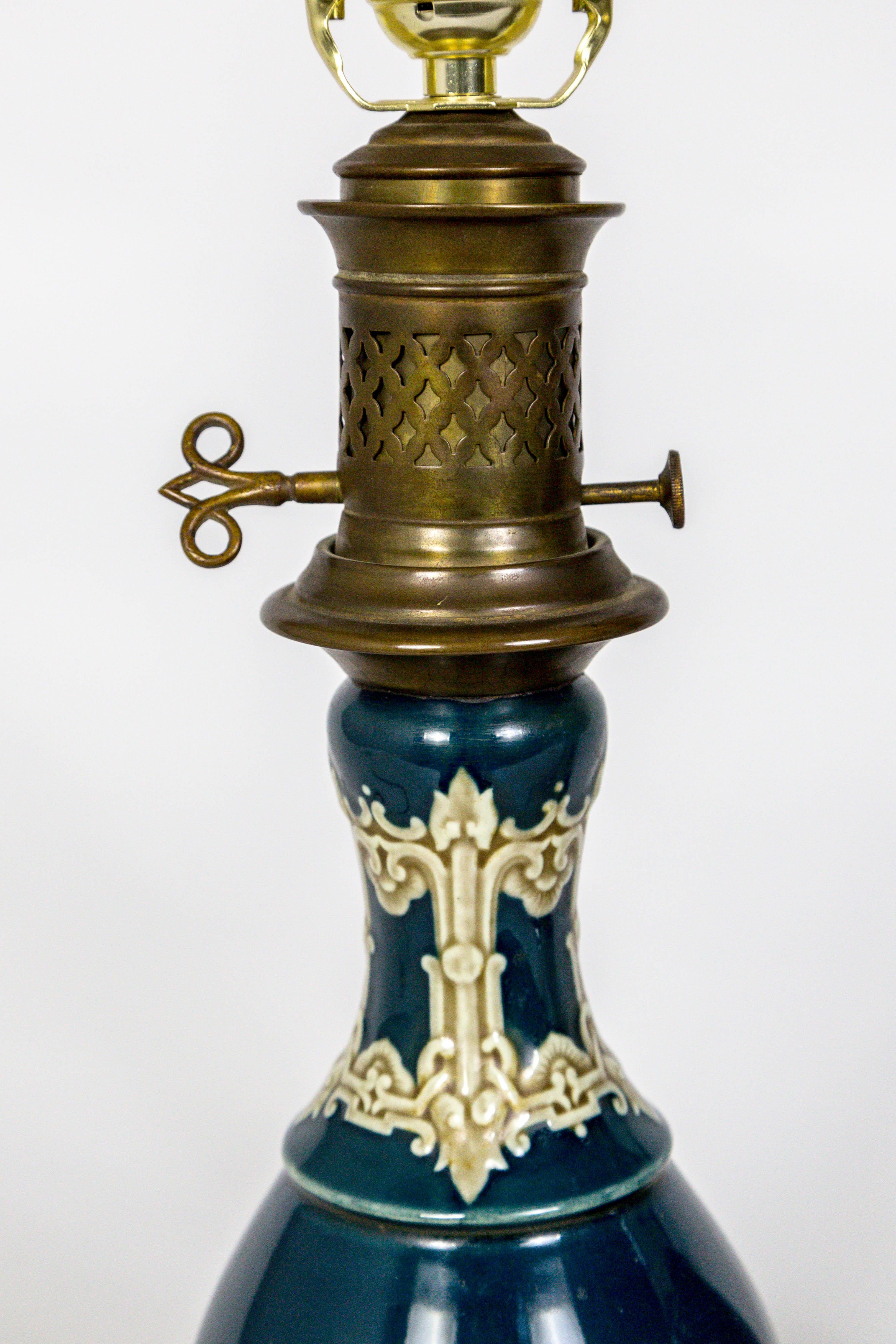 Late 19th Century Dark Turquoise Ceramic 19th Century Converted Kerosine Lamps, Pair For Sale