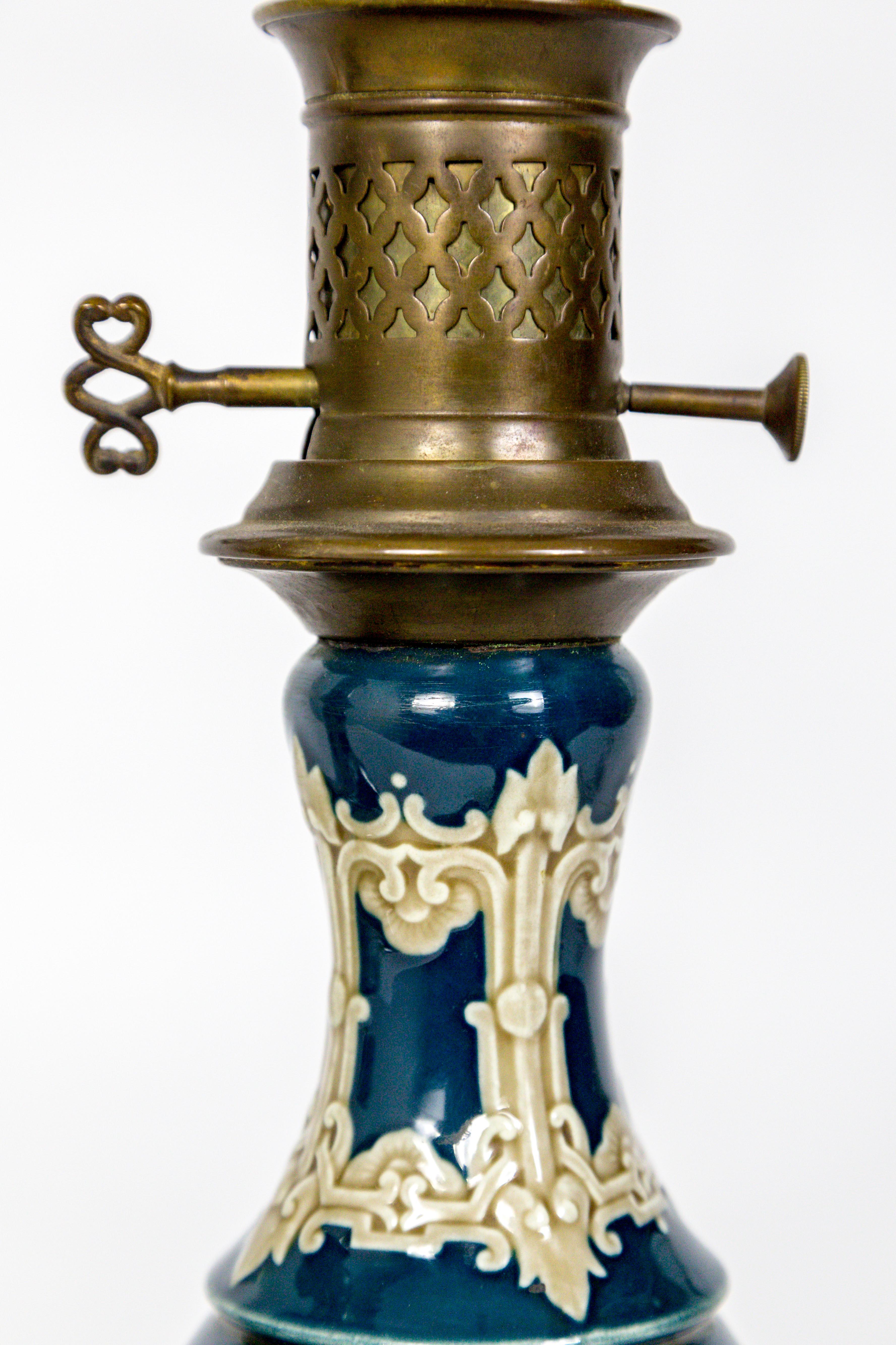 Dark Turquoise Ceramic 19th Century Converted Kerosine Lamps, Pair For Sale 1