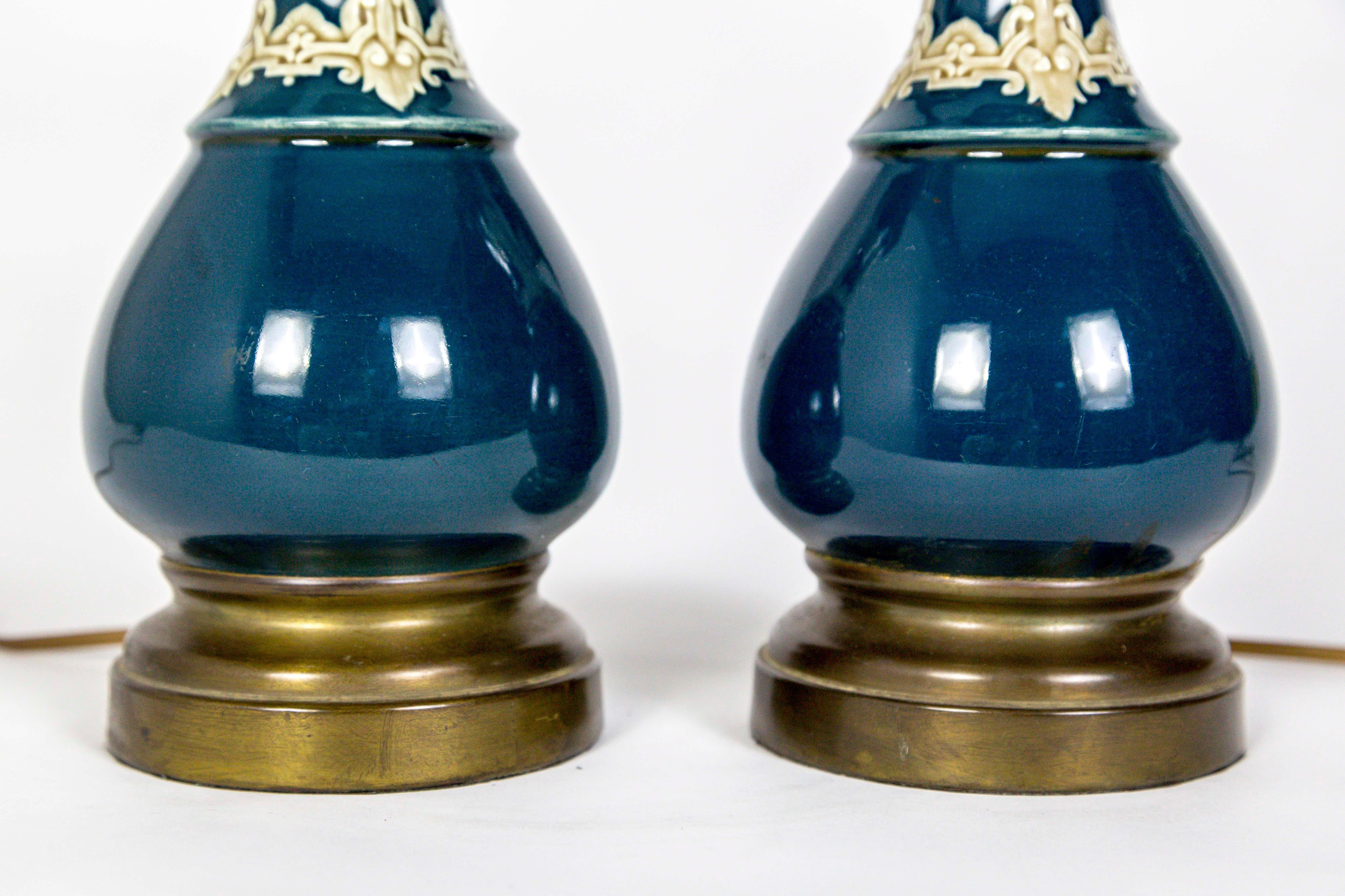 Dark Turquoise Ceramic 19th Century Converted Kerosine Lamps, Pair For Sale 2