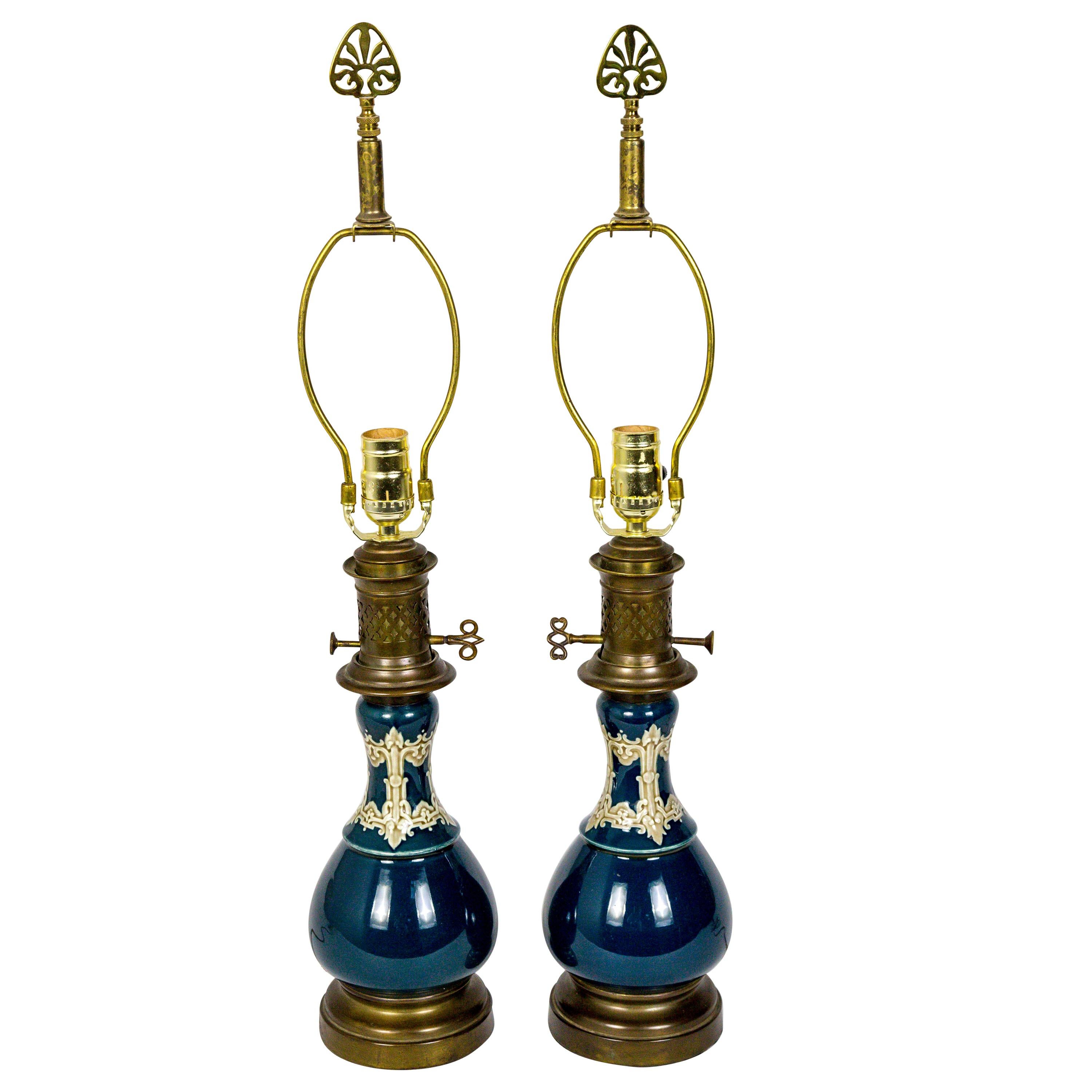 Dark Turquoise Ceramic 19th Century Converted Kerosine Lamps, Pair For Sale