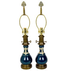 Dark Turquoise Ceramic 19th Century Converted Kerosine Lamps, Pair