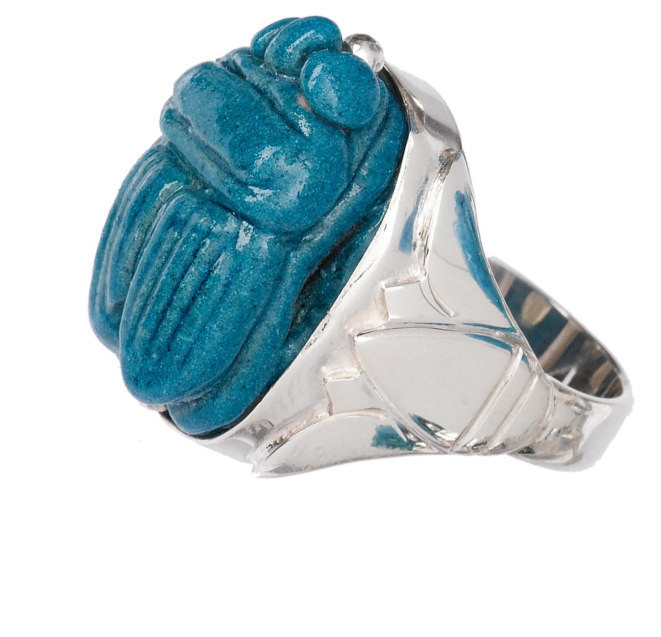 Dunkel türkisfarbener Fayence-Schaab-Ring aus Sterlingsilber mit ägyptischen Motiven für Damen oder Herren im Angebot