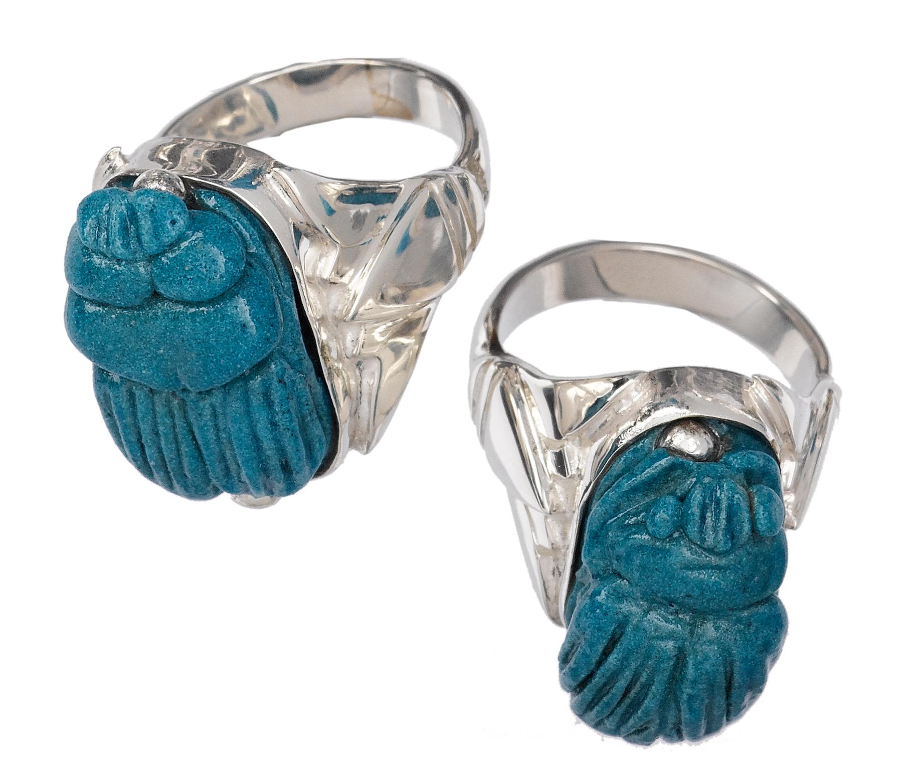 Egyptian Revival Dark Turquoise Faience Scarab Ring Set in Sterling Silver with Egyptian Motif For Sale