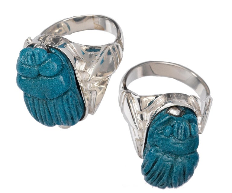 Anello Scarabeo di faience turchese scuro in argento 925 con