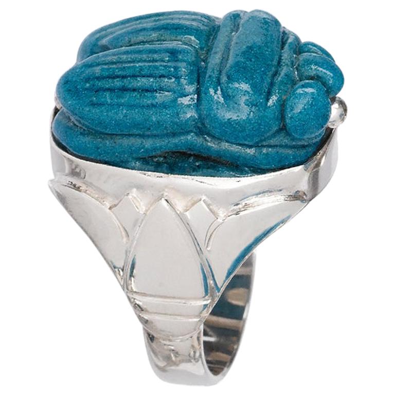 Dark Turquoise Faience Scarab Ring Set in Sterling Silver with Egyptian Motif For Sale