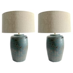 Dark Turquoise Pair Barrel Shaped Lamps, China, Contemporary
