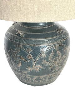 Dark Turquoise With Decorative Overlay Pattern Pair Lamps, China, Contemporary