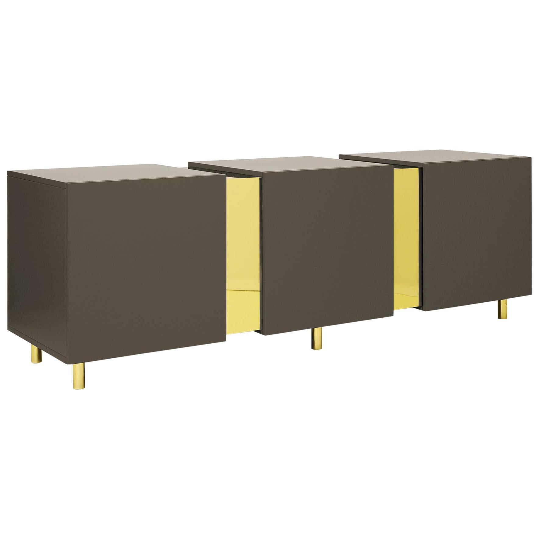 Dark Turtle Dove Sideboard in Brass and Colorful Lacquered Wood, Geometric-Shaped For Sale