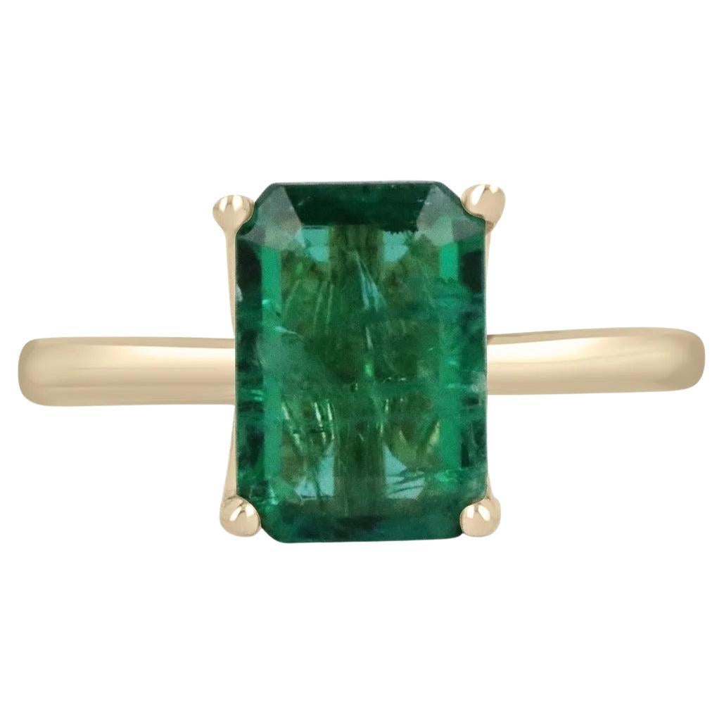 Dark Vivid Green 2.80ct 18K Natural Emerald-Emerald Cut Solitaire Modern Ring For Sale