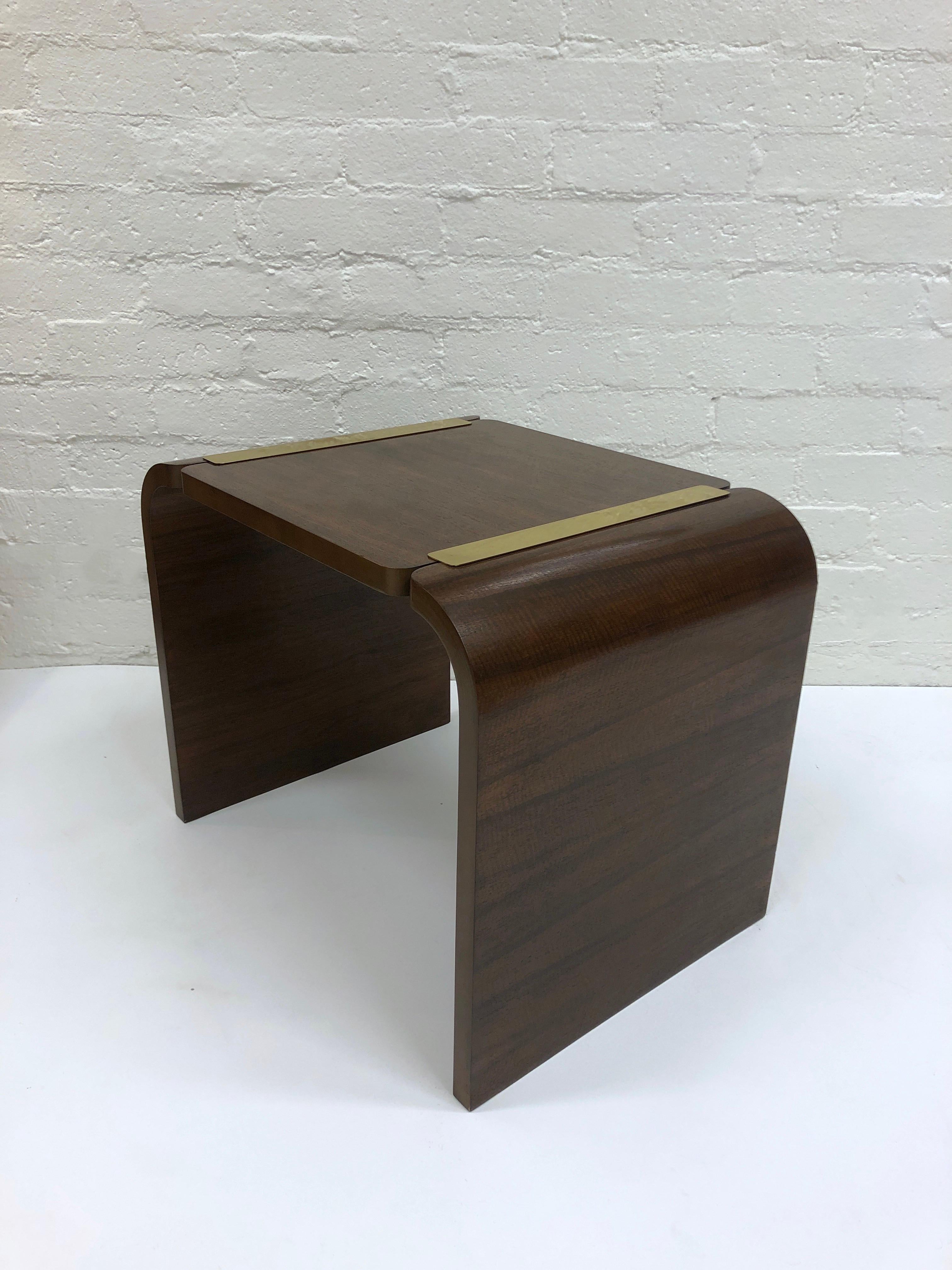 Polished Dark Walnut and Brass Waterfall Side Table by Baker Furniture