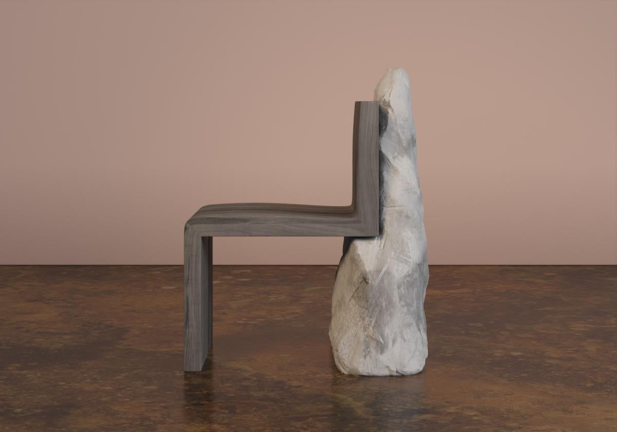High Atus chair was designed with a vision of the strength of raw marble found in a quarry in Portugal touching a solid black walnut seat. This artistic and organic chair could be a part of a dining set or stand alone. 
The ATUS collection was