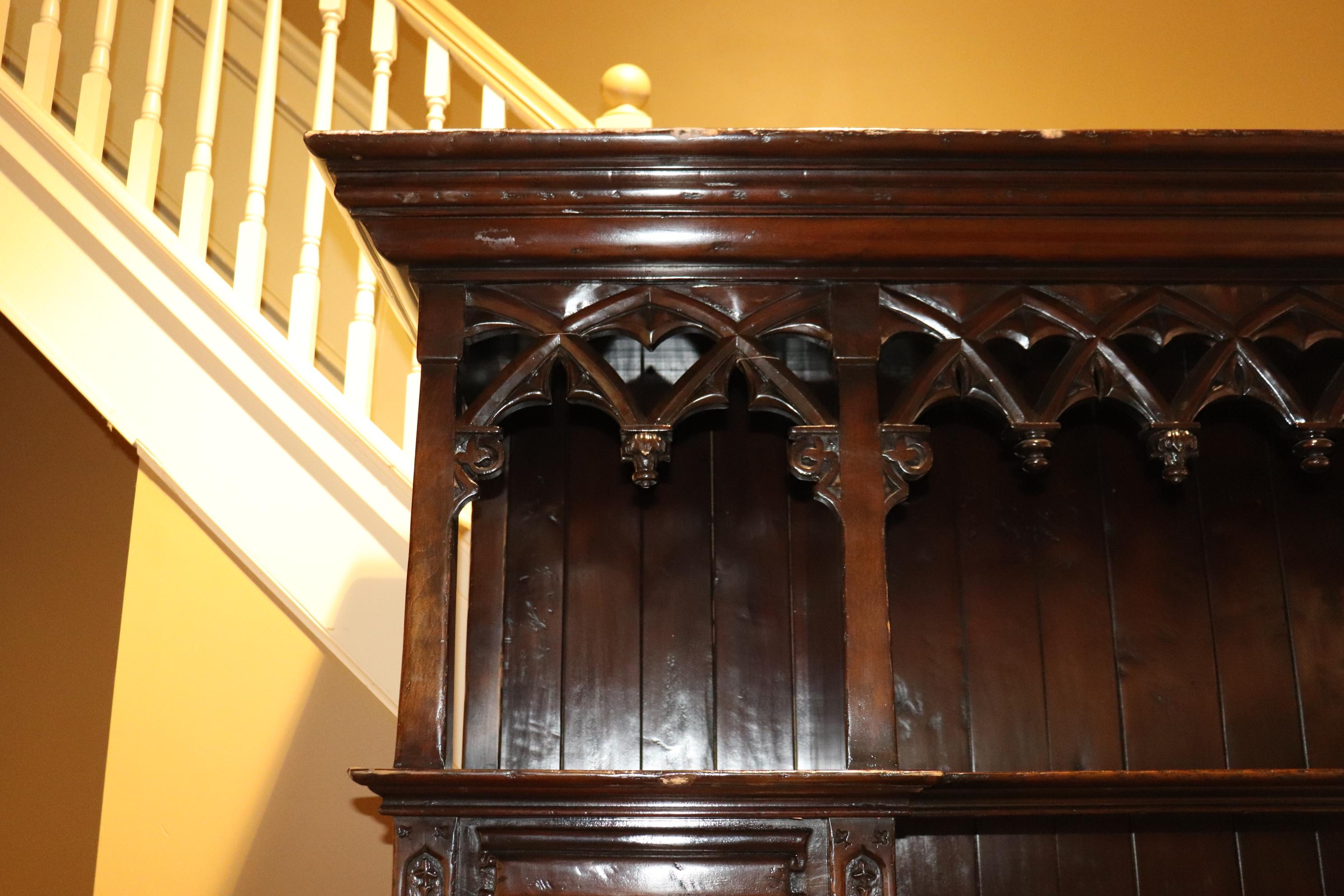Dark Walnut Antique Style Gothic Cupboard China Cabinet  In Good Condition In Swedesboro, NJ