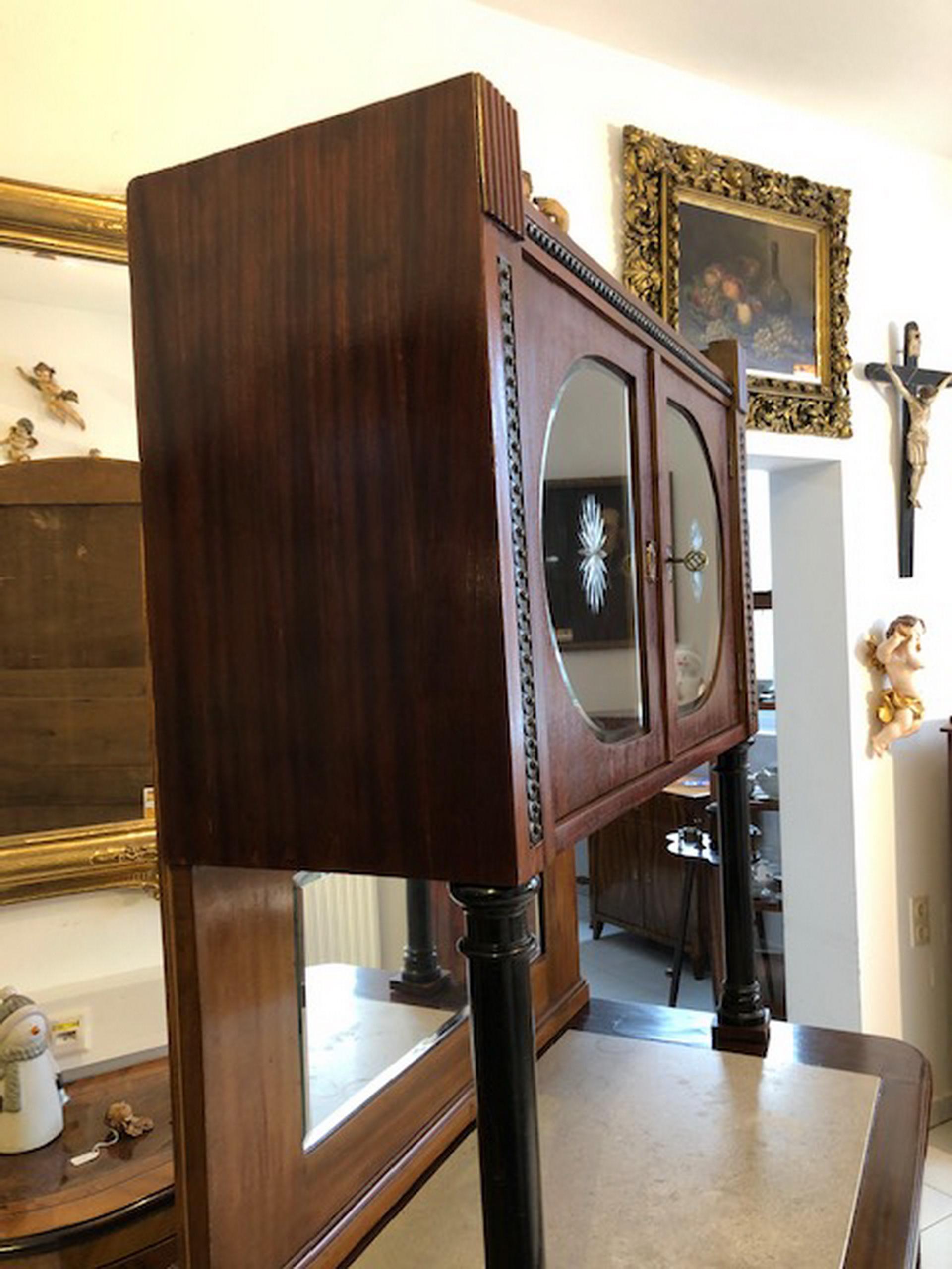 Hand-Crafted Dark Walnut Bookshelf Original Art Deco Cabinet with a Central Mirror