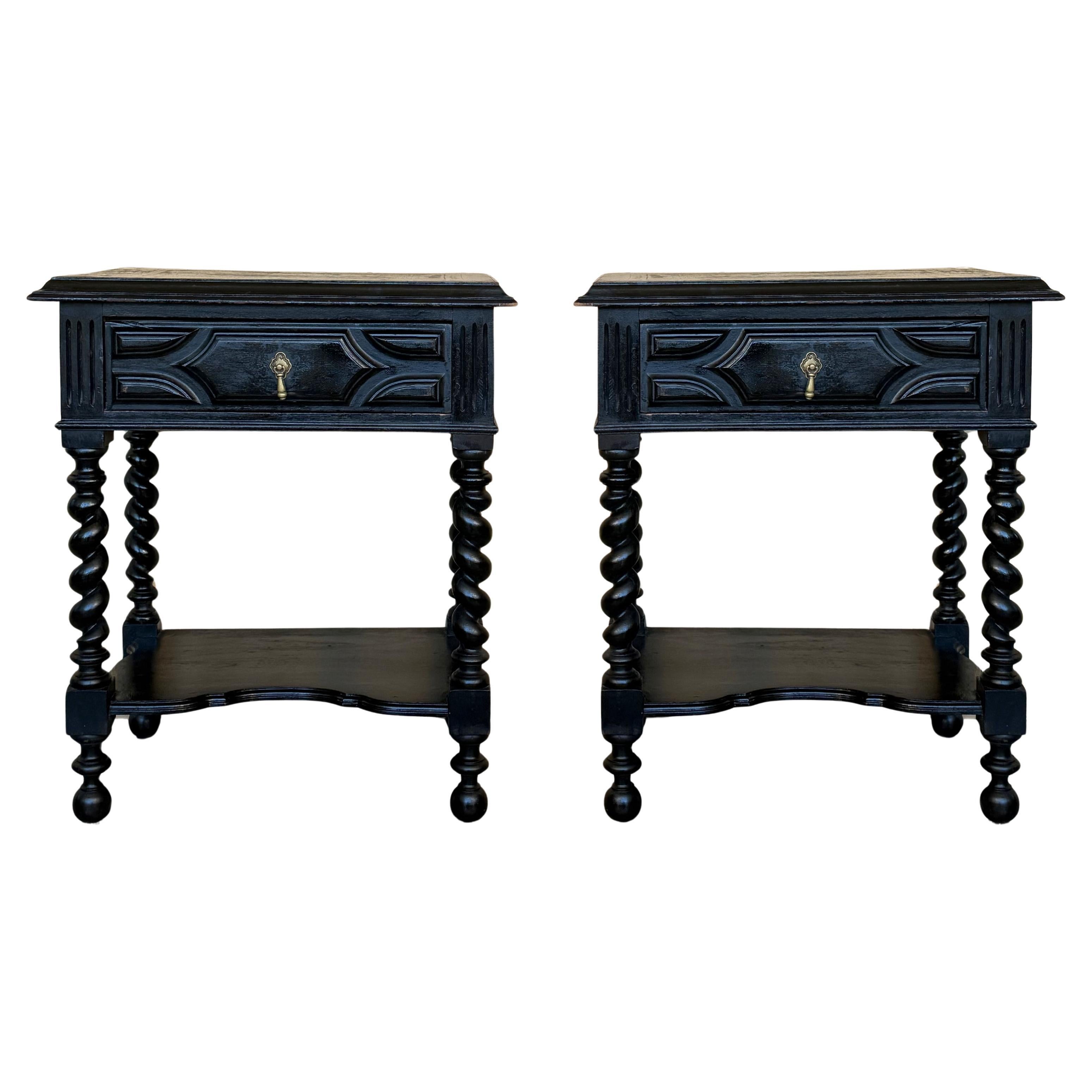 Dark Walnut Carved Spanish Nightstands with Solomonic Legs and low shelve