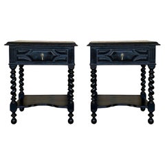 Dark Walnut Carved Spanish Nightstands with Solomonic Legs and low shelve