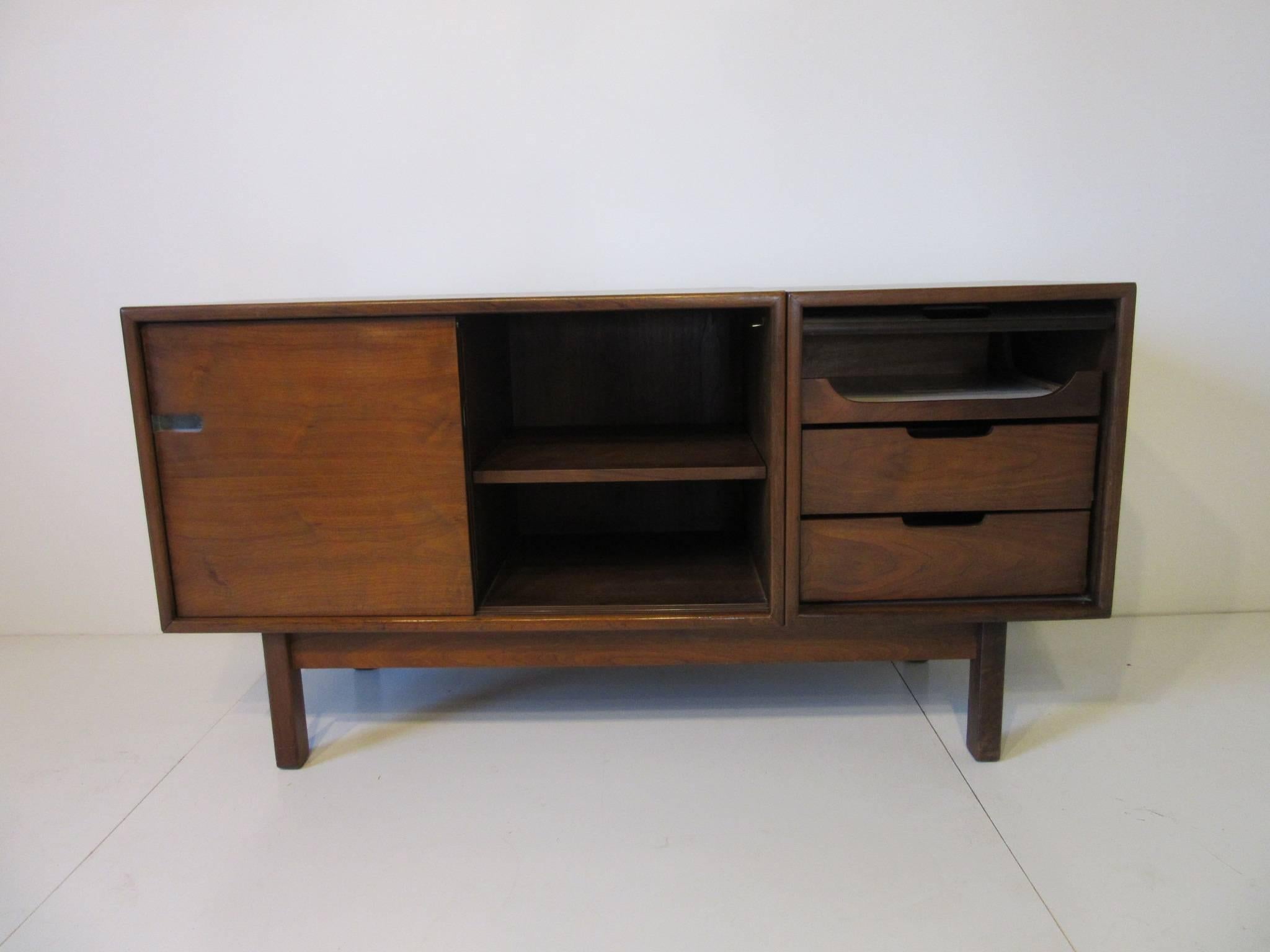 20th Century Dark Walnut Credenza with Tambour Pull Up Door in the Style of Stow Davis