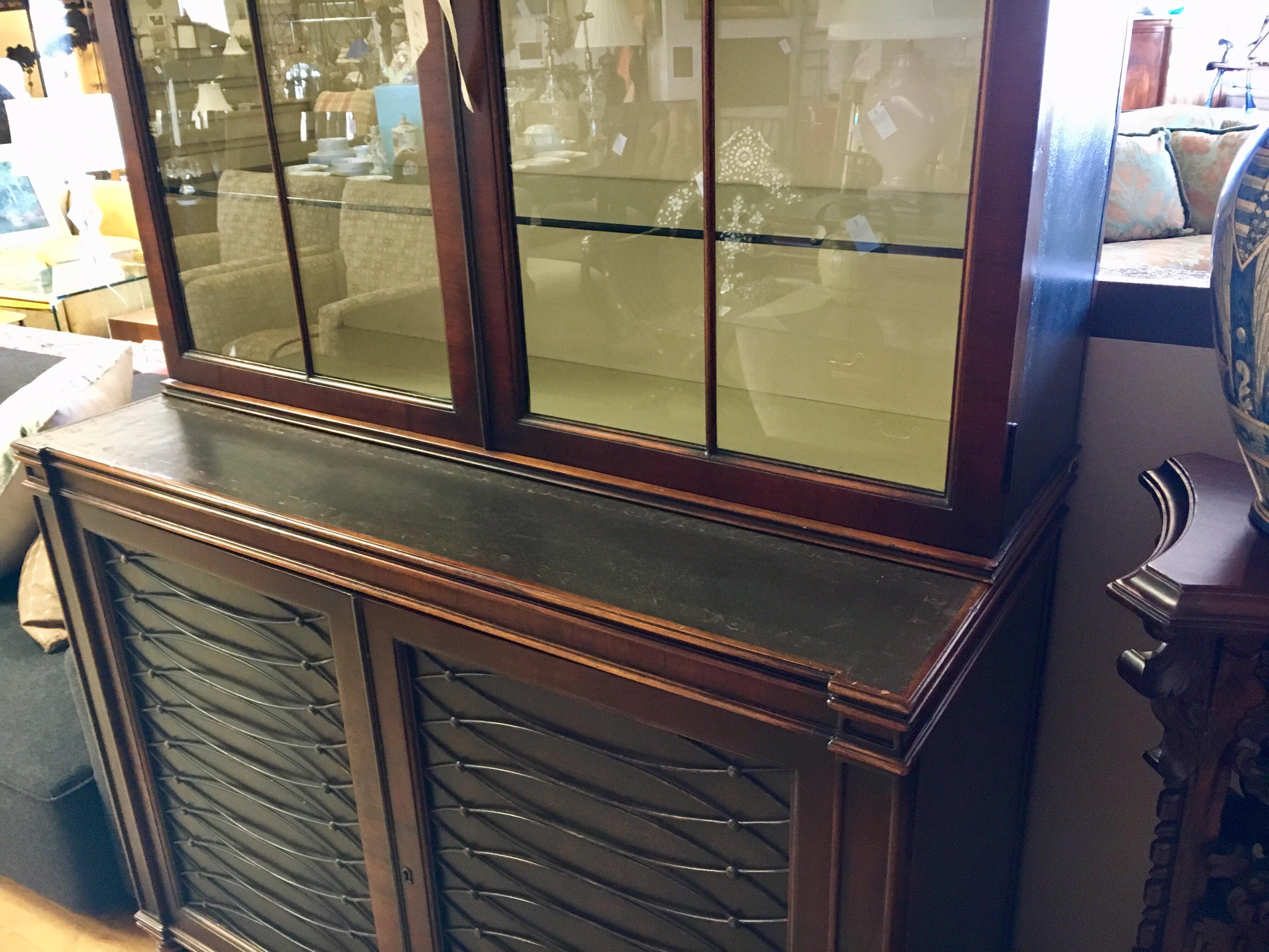 Dark Walnut and Leather Two-Piece Breakfront Rinfret Greenwich, CT China Cabinet 6