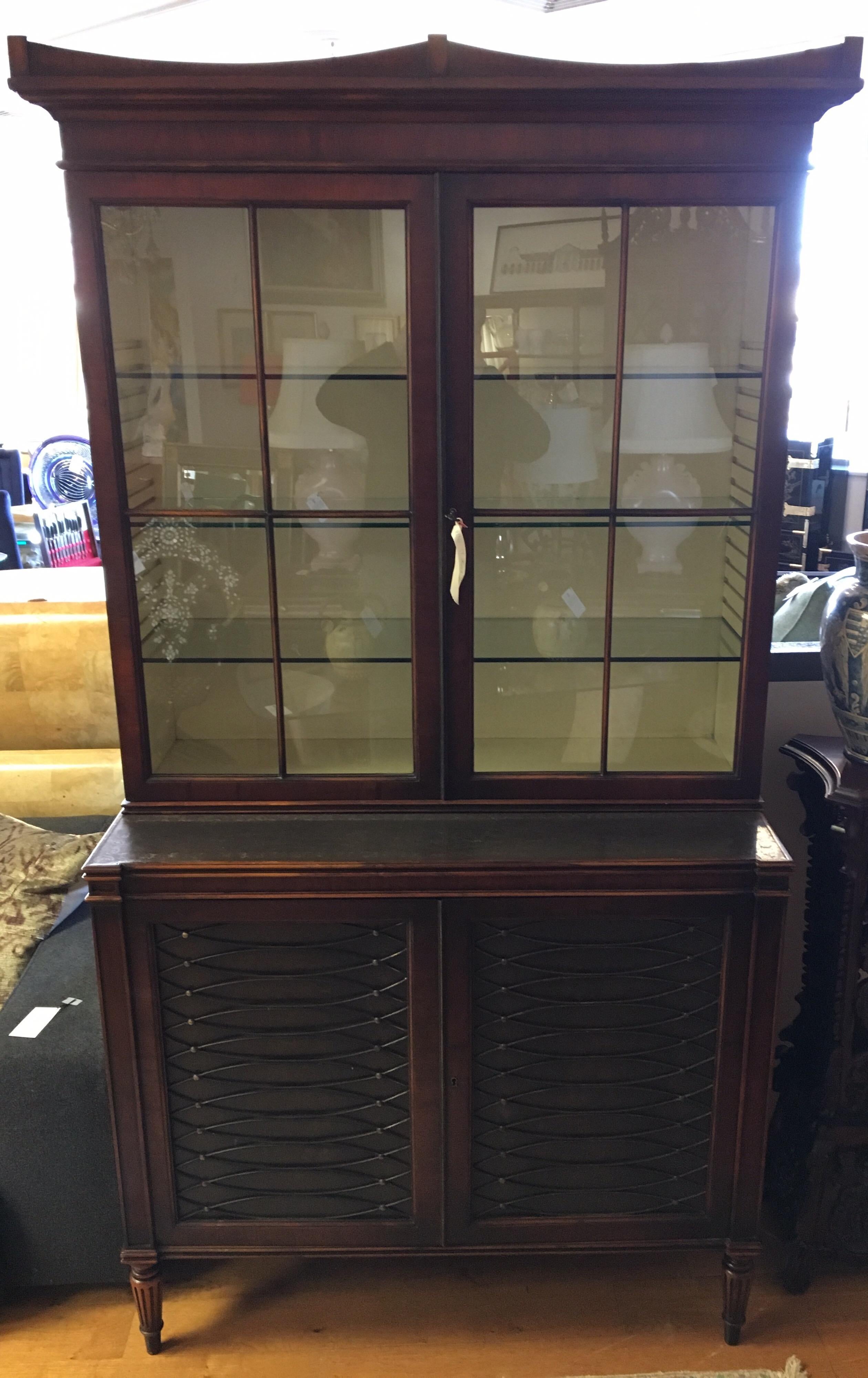American Dark Walnut and Leather Two-Piece Breakfront Rinfret Greenwich, CT China Cabinet