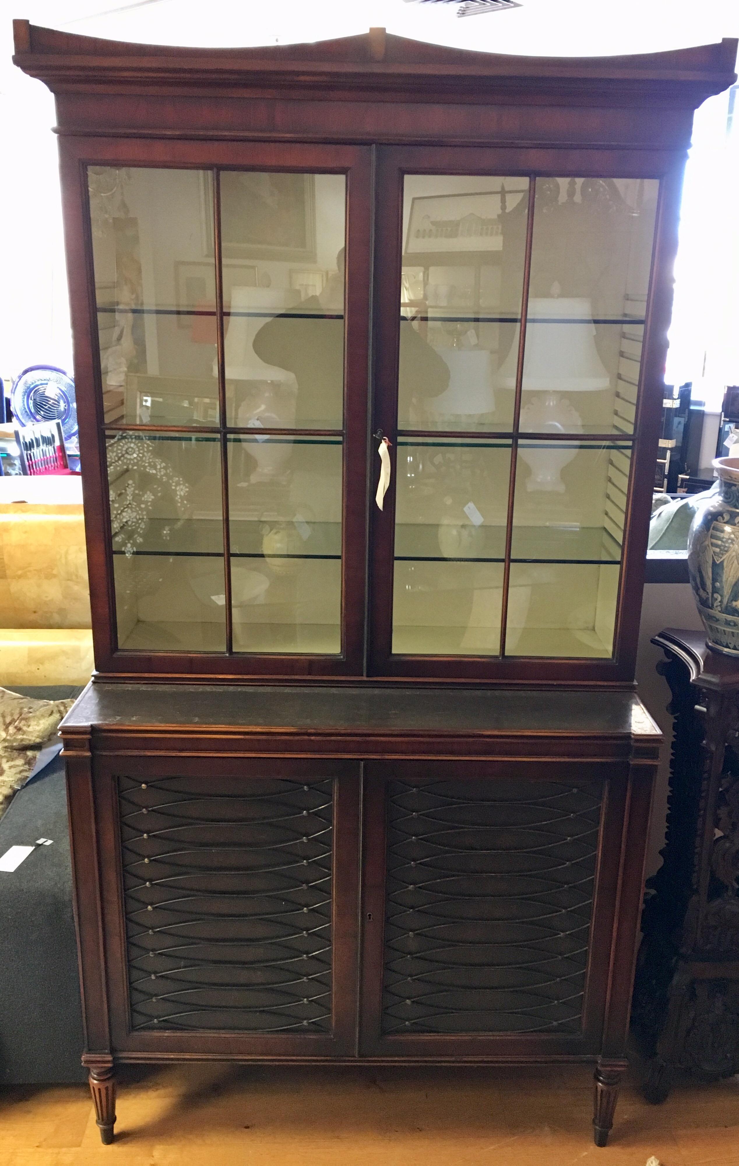 Contemporary Dark Walnut and Leather Two-Piece Breakfront Rinfret Greenwich, CT China Cabinet