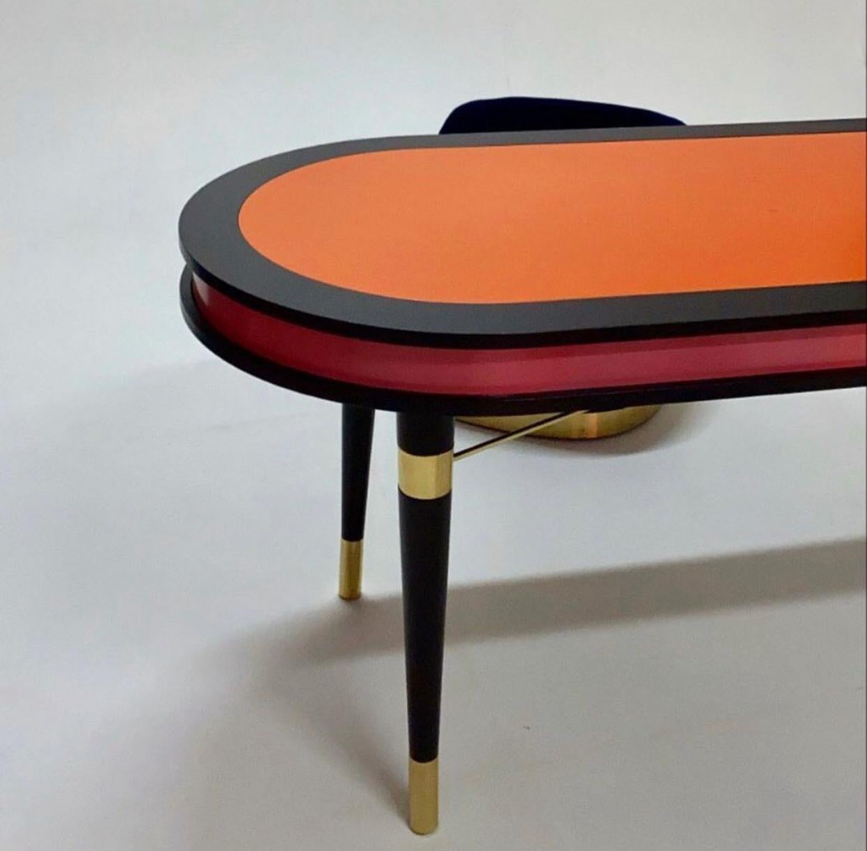Lacquered Organic Modern Oval Dark Wenge & Brass Dining Table Pink & Orange, Madagascar  For Sale