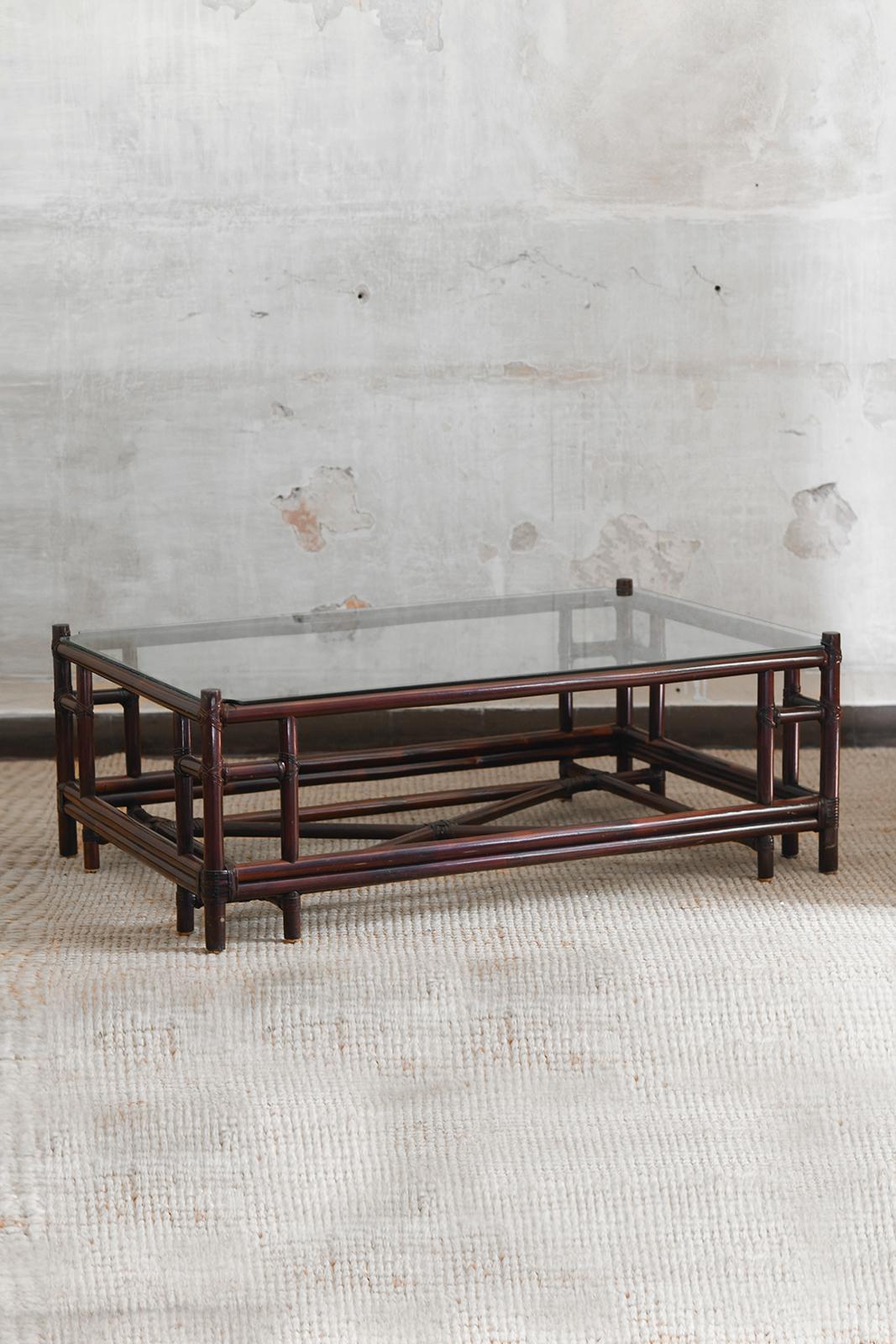 Dark wicker coffee table with leather bindings, ‘Attila’ series by Gasparucci – design by Telemaco, 1970
Product Details
With smoked glass top.
Dimensions: 120 W x 44 H x 80 D cm